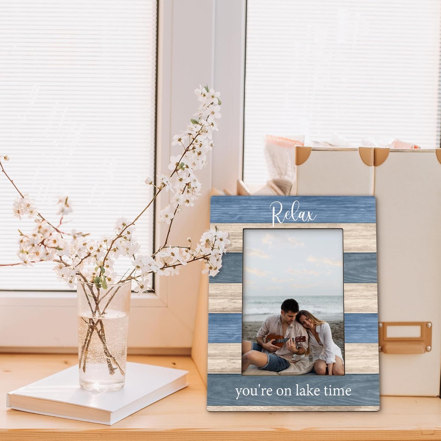 Lake House Gifts Picture Frame 5x7, Lake House Decor Photo Frame, Birthday Gifts for LakeLover Women Men, Relax You're on LakeTime Wooden Picture Photo Frames for Desk Home Room Decor