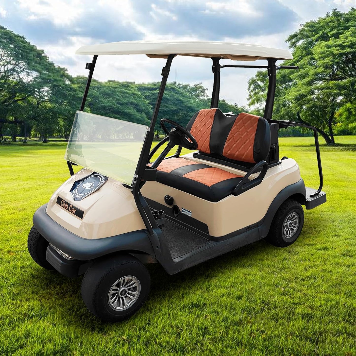 Golf Cart Seat Cover for Club Car Precedent Ordinary Front Seat Cushion, Thick Vinyl Leather Custom Diamond Comfortable, Adjustable Straps and Retractable Buckle/No Nails Required (Black&Brown)