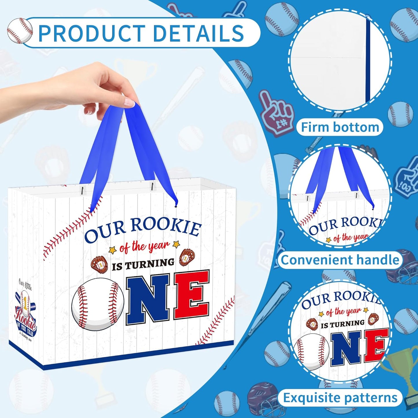 EoBeCy Baseball First Birthday Gift Bag with Tissue Paper and Greeting Card, Rookie of The Year Wrapping Paper, Large Sports Gift Bag for Boys Kids One Year Old Birthday Party Favors