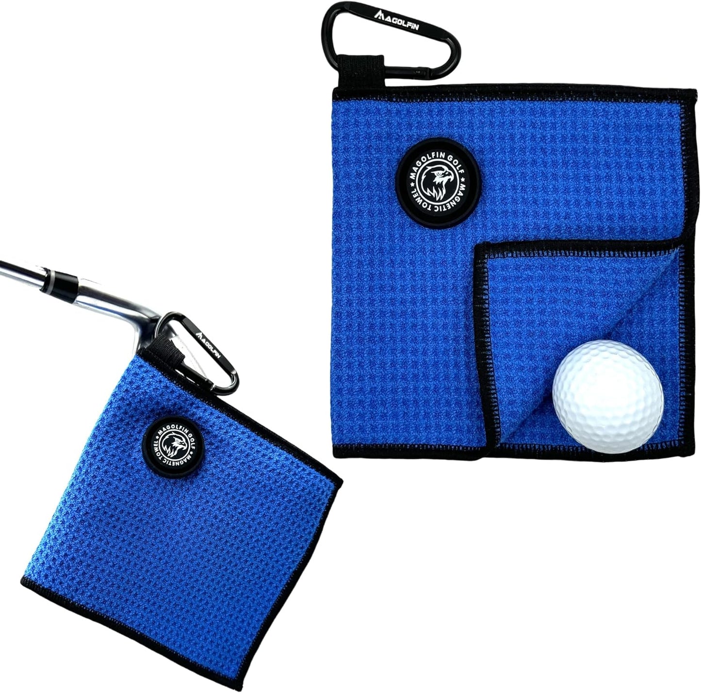 Small Magnetic Golf Towel with Clip, Microfiber Waffle Design - Industrial Strength Magnet for Glof Balls, Golf Bags, Carts Clubs - Blue