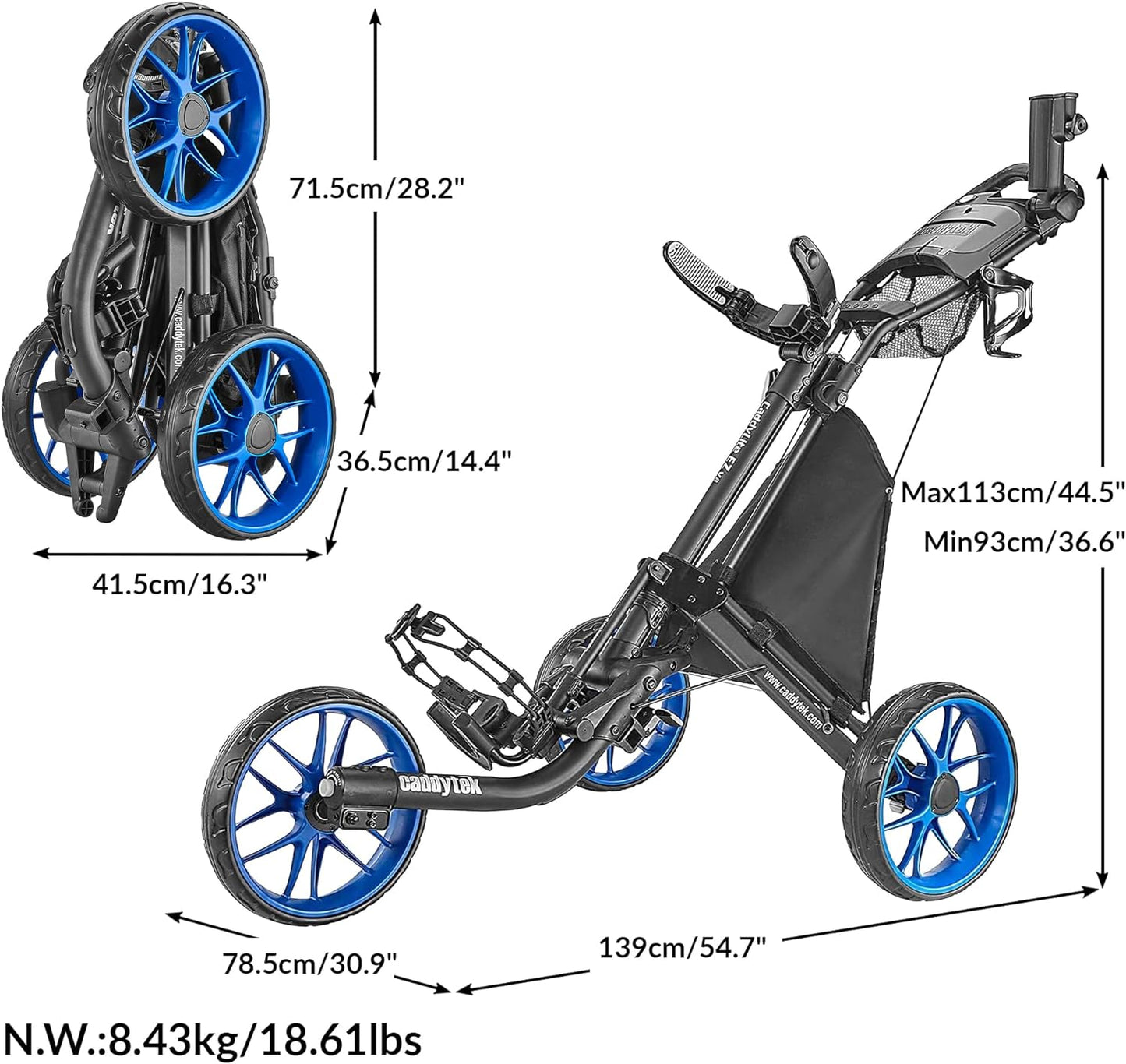 Caddytek CaddyLite EZ V8 Golf Push Cart - Lightweight 3 Wheel Foldable Cart with One-Click 2-Step Folding, EVA Wheels, Adjustable Handle, Cooler Basket, Umbrella & Drink Holder, Compact Golf Cart