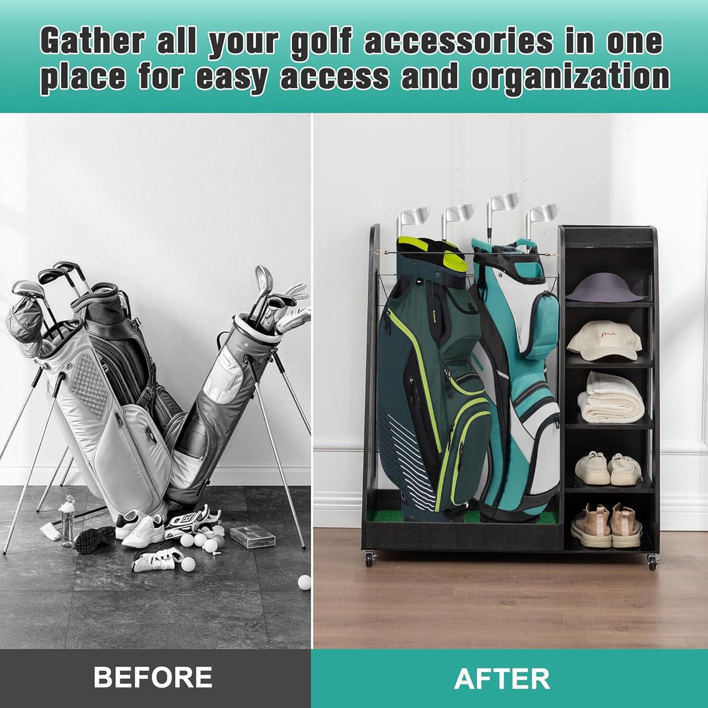 Wooden Golf Bag Organizer and Storage Rack, Wooden 2 Golf Bag Rack with Drawers, Easy to Assemble Golf Club Holder/Stand with Club Holders on Side