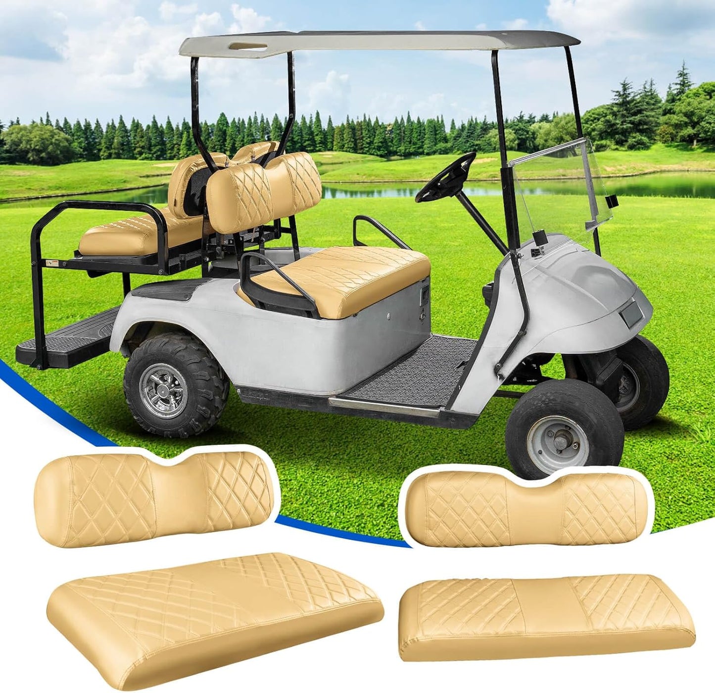 NOKINS 4PCS Golf Cart Diamond Seat Covers Kit, Front&Rear Seat Covers Fits EZGO TXT 1994-2013/EZGO RXV Standard Seat Cushion, EZGO Vinyl Seat Cover Accessories, No Staples (Tan)