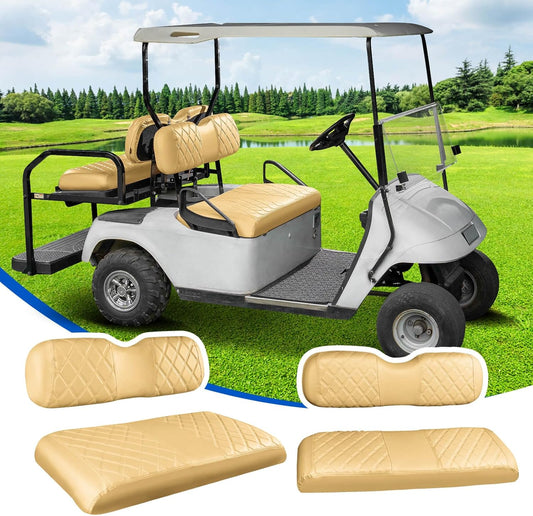 NOKINS 4PCS Golf Cart Diamond Seat Covers Kit, Front&Rear Seat Covers Fits EZGO TXT 1994-2013/EZGO RXV Standard Seat Cushion, EZGO Vinyl Seat Cover Accessories, No Staples (Tan)