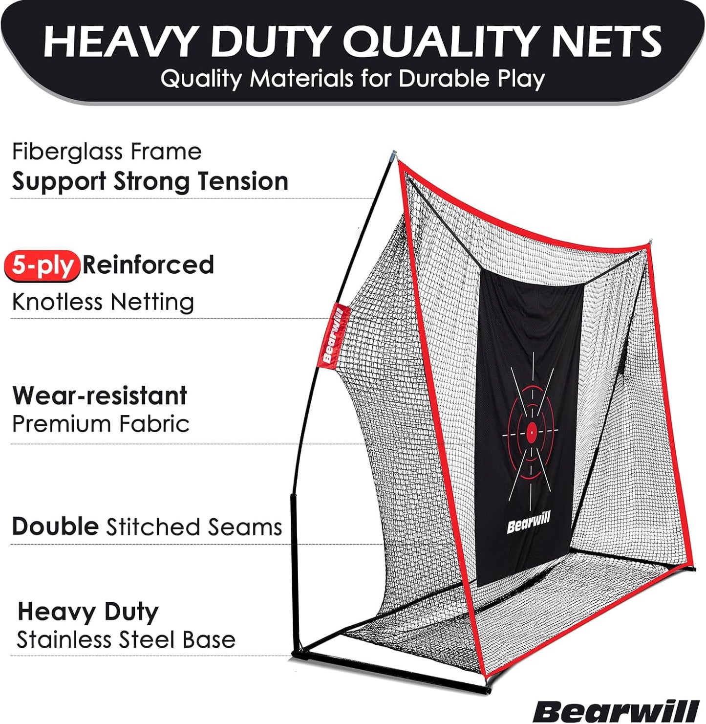Bearwill Golf Net, 10x7ft Heavy Duty Golf Practice Nets with Mat, Target Cloth, 8 Tees, 6 Balls, Carry Bag for Backyard Driving Chipping Indoor Outdoor Training