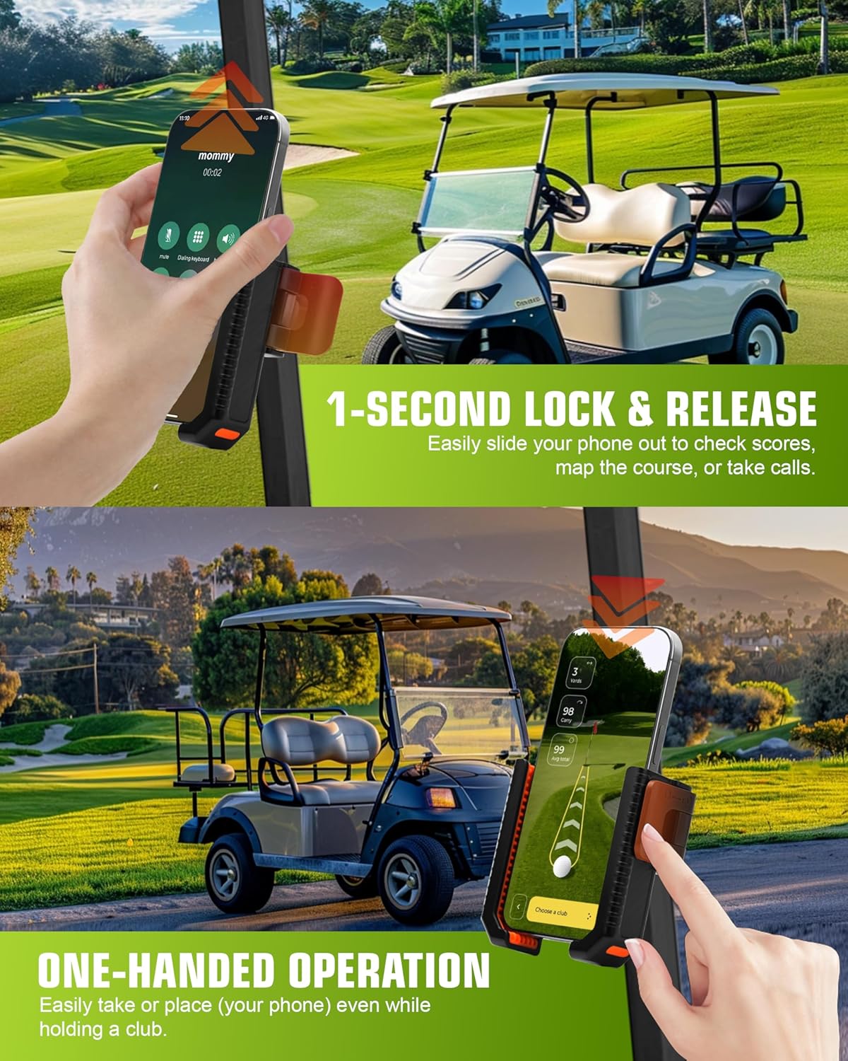 XEEP Golf Cart Phone Holder Mount, 3s Phone Clip Install, 1s Lock & Release, 360° Rotation Golf Phone Holder for Ezgo Club Car Yamaha, Golf Cart Accessories for All 4.5-7" Smartphones