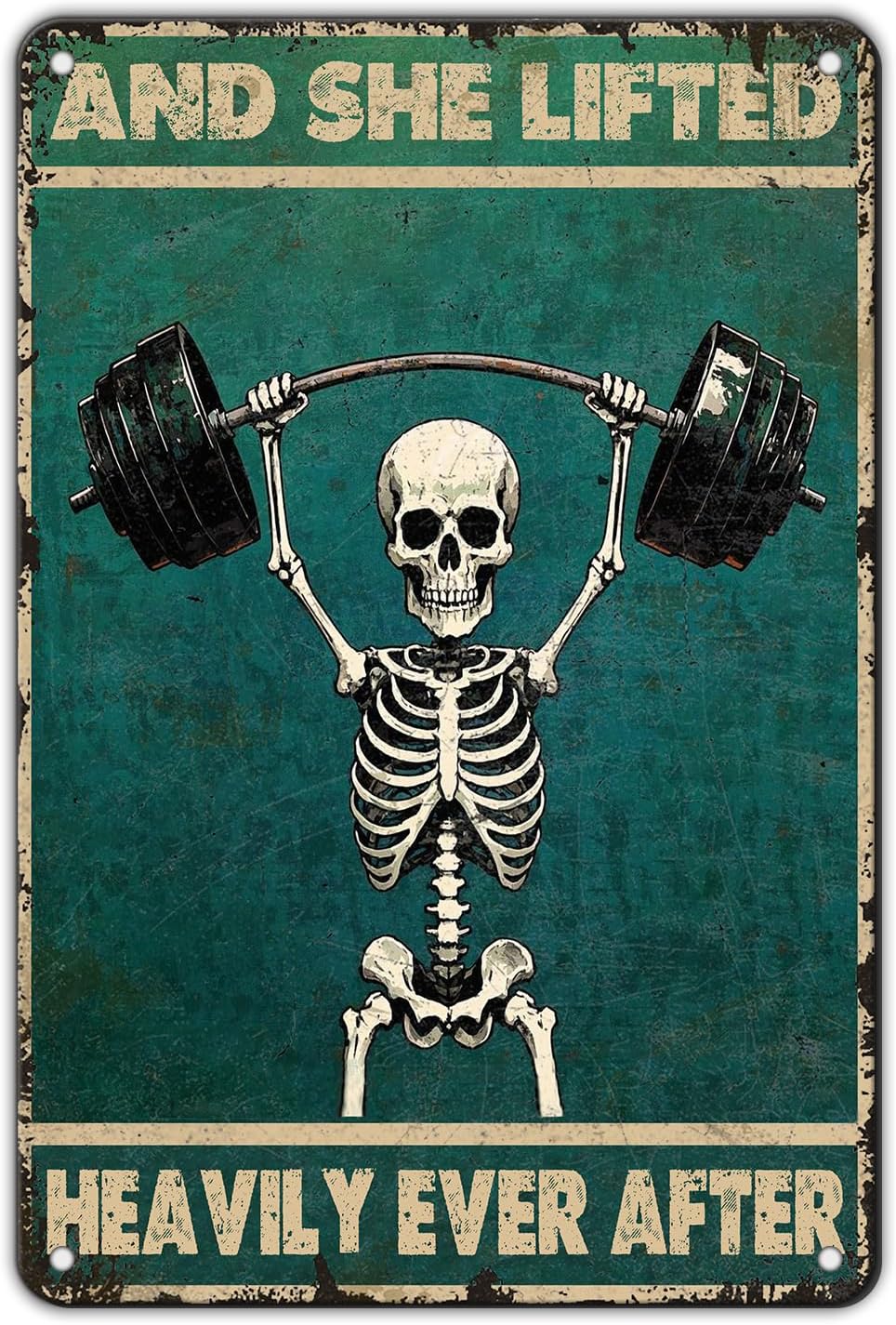 Skeleton Vintage And She Lifted Heavily Ever After Metal Tin Sign 8x12 Inch Gym Metal Poster Funny Skull Gym Tin Sign Home Kitchen Garden Bar Coffee Restaurant Bathroom Are Wall Decor
