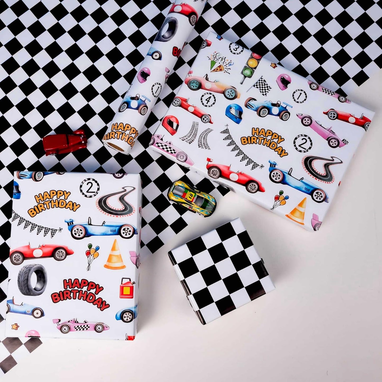 Vnaaem Reversible Vintage Race Car Wrapping Paper Roll for Kid's Boy's - Black & White Checkered Flag Gift Wrap for Birthday, Holiday, Fathder's Day, Baby Shower - 17 in x 20 ft(Total 28.5sq.ft)