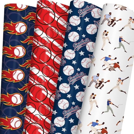 WAPLIGHAL Baseball Wrapping Paper for Kids Boys - Baseball, Flames and Stars Design - Gift Wrapping Paper for Birthday Holiday - 20×29 Inches, 8 Folded Sheets