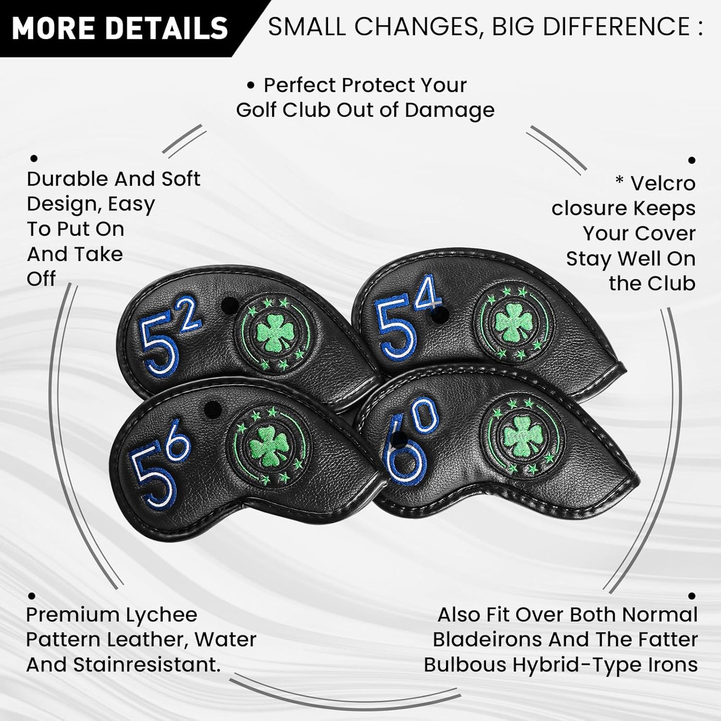 Golf Iron Wedge Head Covers 52° 54° 56° 60° 1 or 4 Pack, Synthetic Leather Clover USA Flag Design Club Head Protection, Universal Headcover Fit Iron Clubs for Men Women