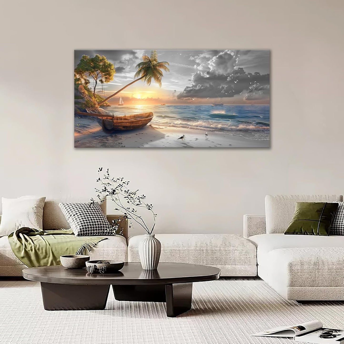 Large Coastal Living Room Wall Art Summer Beach Canvas Wall Decor Black White Ocean Seascape Pictures Painting Hawaii Scenery Home Decoration Giant Boat Seagull Artwork for Bedroom Framed 30"x60"