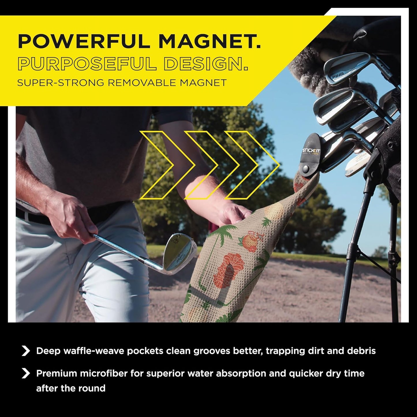 STICKIT Magnetic Sandy Tiki Golf Towel | Top-Tier Microfiber Golf Towel with Deep Waffle Pockets | Industrial Strength Magnet for Strong Hold to Golf Carts or Clubs