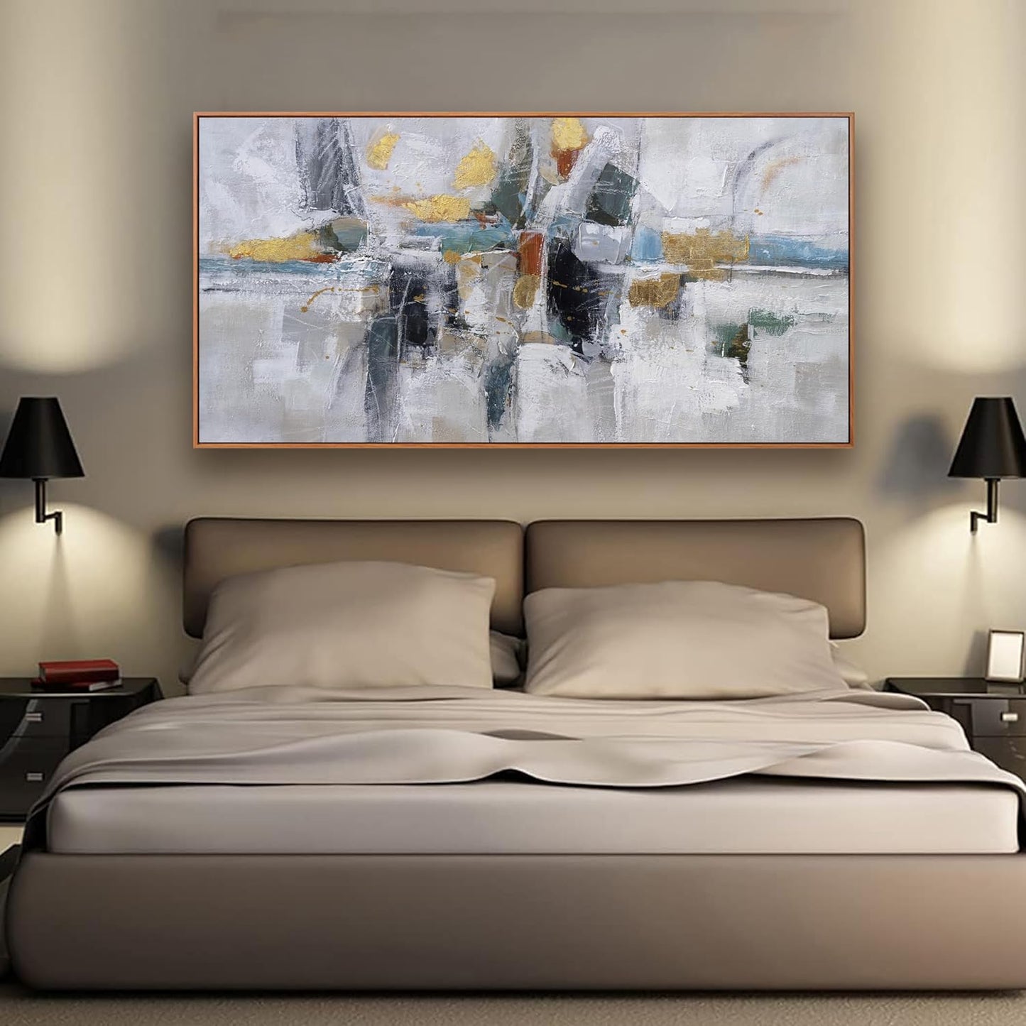 Teal Gold Wall Art Abstract Painting Wall Decor Living Room Modern 24"X 48" Framed Canvas Wall Art Office Decor Black Wall Art Canvas Prints Artwork For Bathroom Kitchen Colorful Wall Decoration