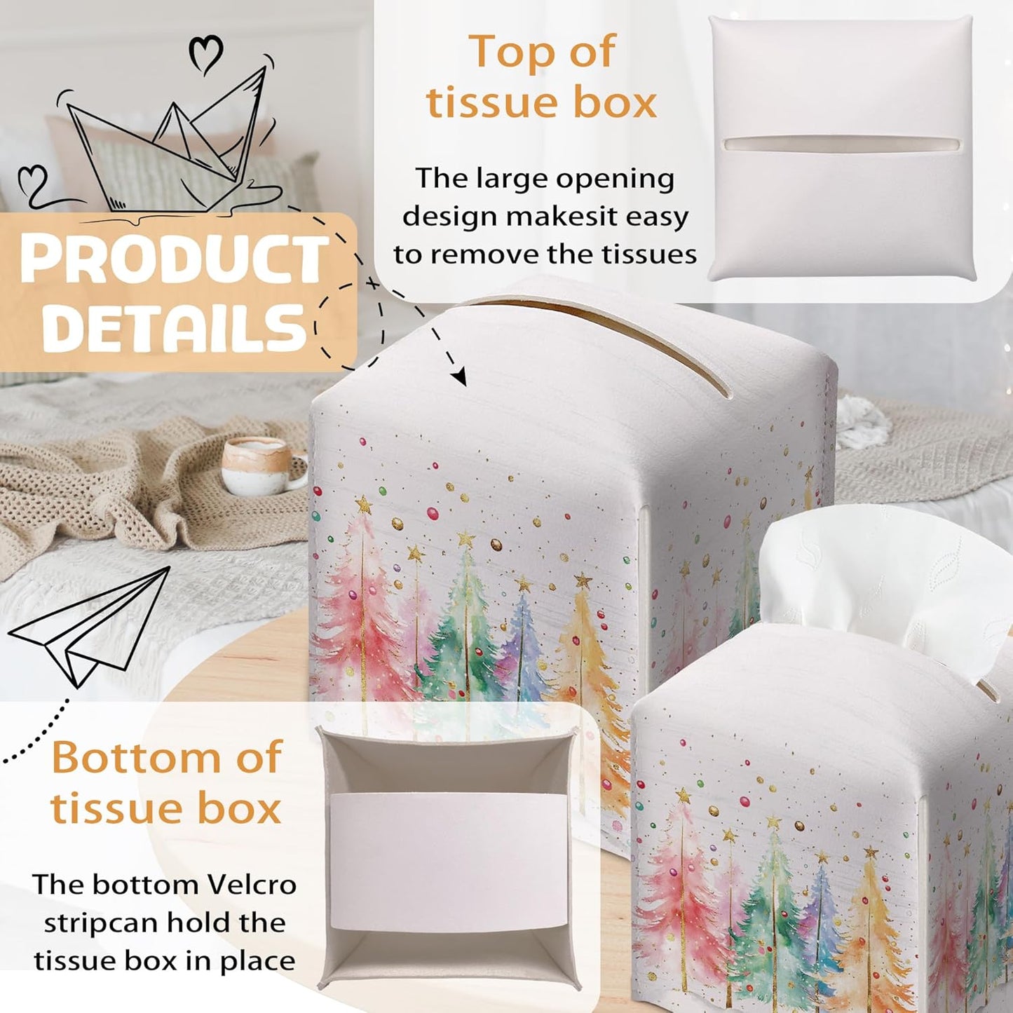 Women Tissue Box Holder, Colorful Christmas Tree Leather Tissue Box Cover Square, Paper Facial Decorative Tissues Cover for Night Stands Bathroom Kitchen Office Home Decor-B19