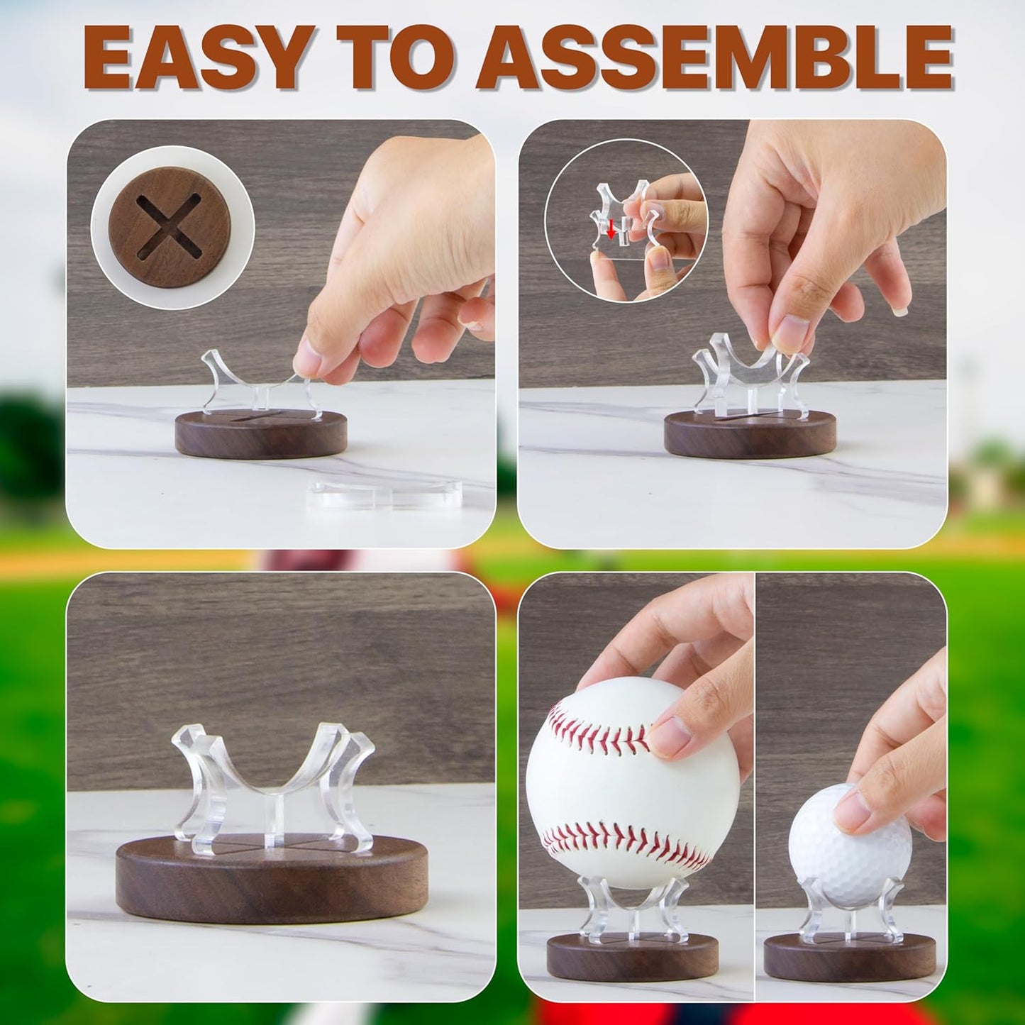 Set of 2 Baseball Display Stands – Walnut Wood Base with Clear Acrylic Support, Baseball Holder Stand for Display, Softball Stands, Golf Ball Holder, Tennis Ball Display Box for Memorabilia