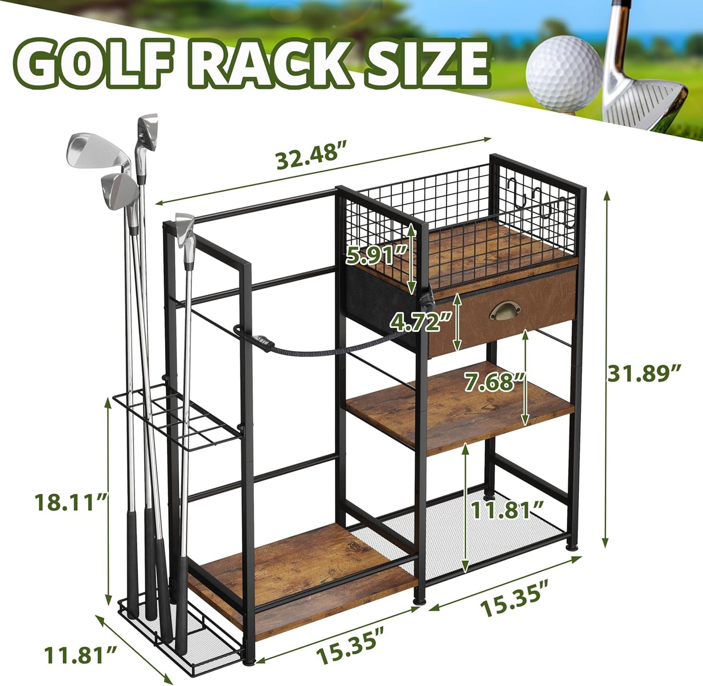 Golf Bag Organizer with Drawer for Golf Accessories for Men, Golf Bag Stand with Extra Storage Rack for Clubs, Golf Bag Holder for Golf Storage Fits 1 Bag, Garage, Home or Club Use, Golf Gifts for Dad