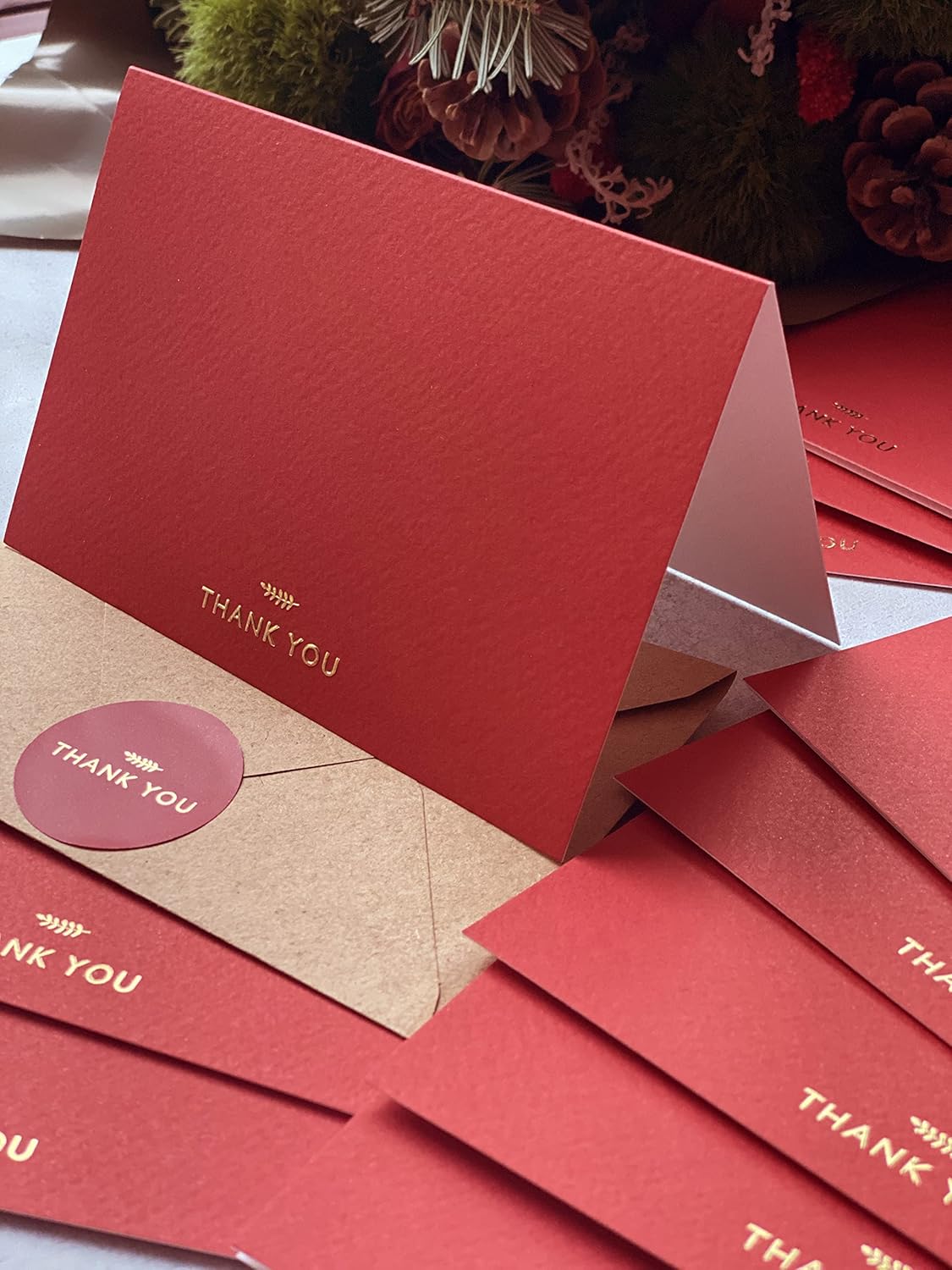 RUN2PRINT Thank You Cards with Envelopes & Gold Foil Stickers – 36-Pack Folded Red Greeting Cards (4″×6″) – 320 GSM Italian Textured Paper – Gummed Envelopes – For Weddings, Business & All Occasions