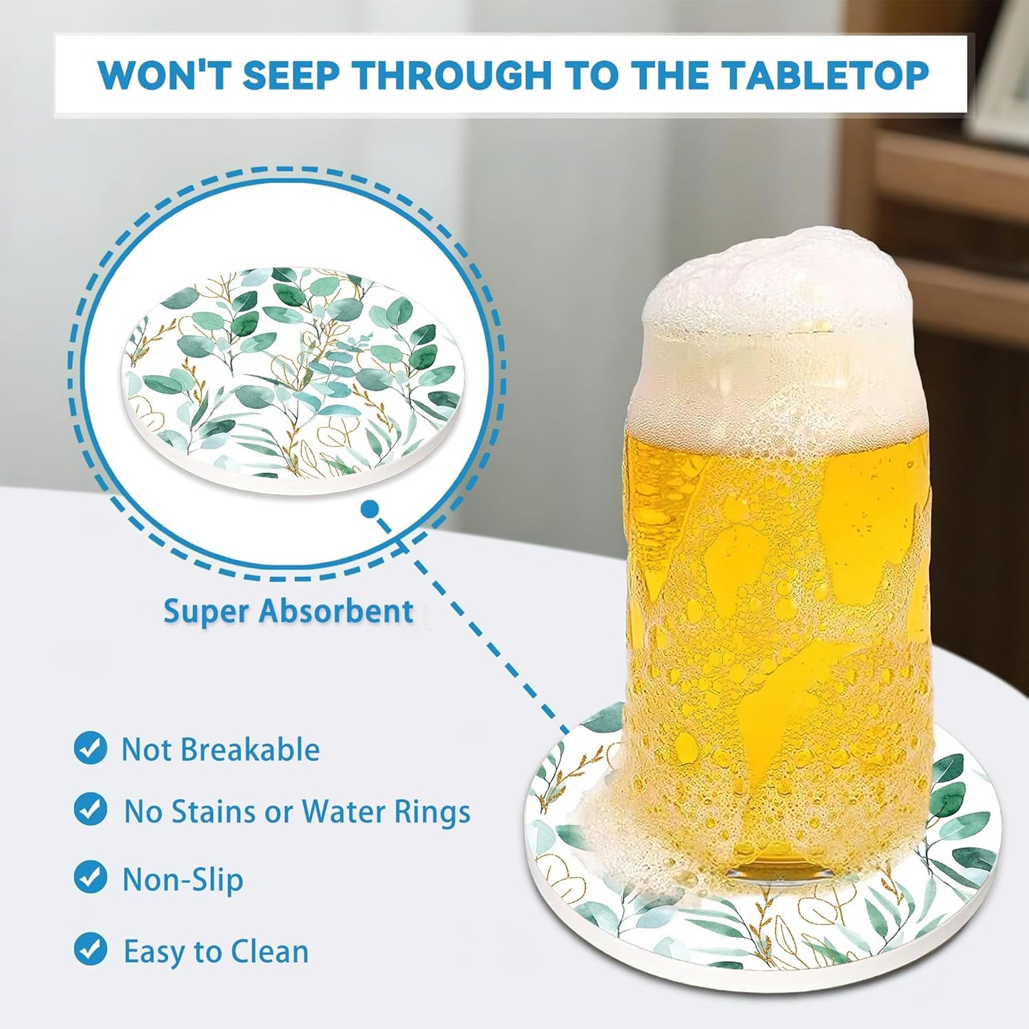 Drinks Coasters Set of 4, Sage Green Plants Round 4" Cup Coasters, Absorbent Ceramic Stone Coasters with Cork Base, Cute Coasters for Table Home Décor, Ideal Gifts for Women Men