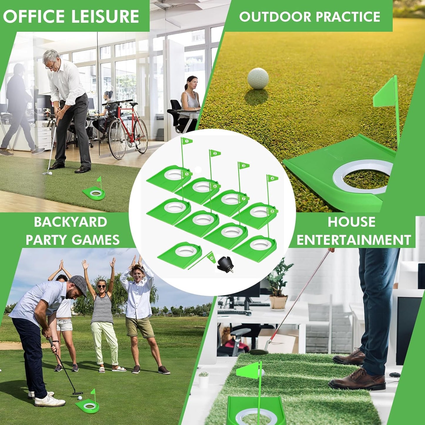9 Pack Golf Putting Cups with Flags, Plastic Golf Training Aids with Golf Ball Retriever, Putting Training Hole Set for Indoor Outdoor