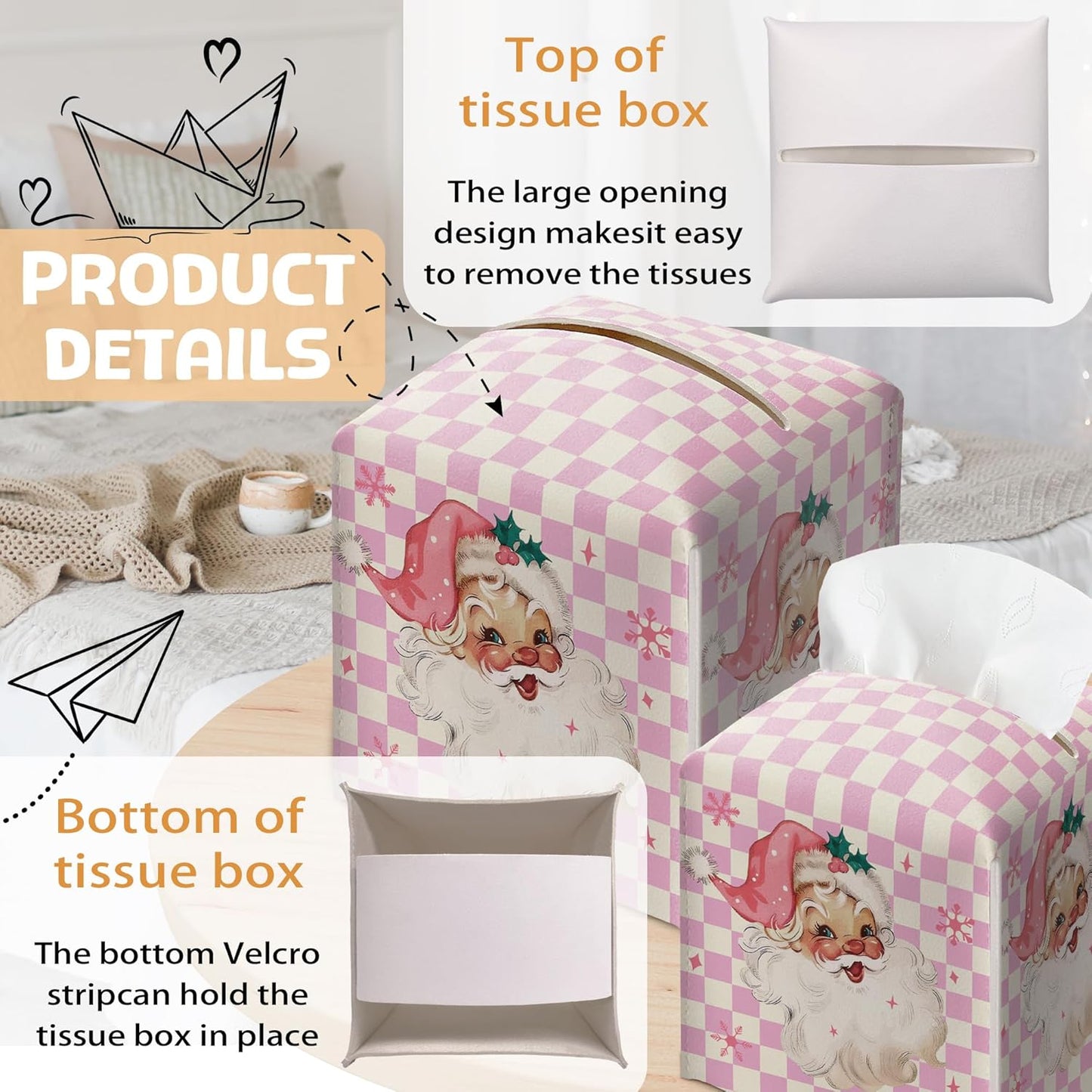 Merry Christmas Tissue Box Holder, Santa Claus Pink Checkered Leather Tissue Box Cover Square, Paper Facial Decorative Tissues Cover for Night Stands Bathroom Office Home Decor-B09