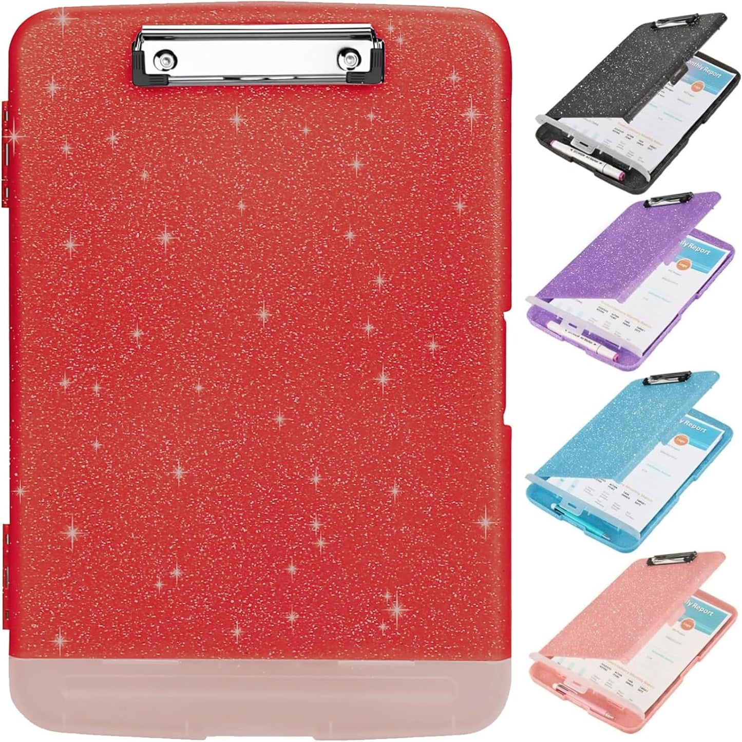 Glitter Clipboard with Storage,Storage Clipboard with Pen Holder,A4 Binder Clip Boards 8.5x11 with Low Profile Clip,Side Opening Sparkle Clipboards, Clipboards Folder for Office Supplies-Red