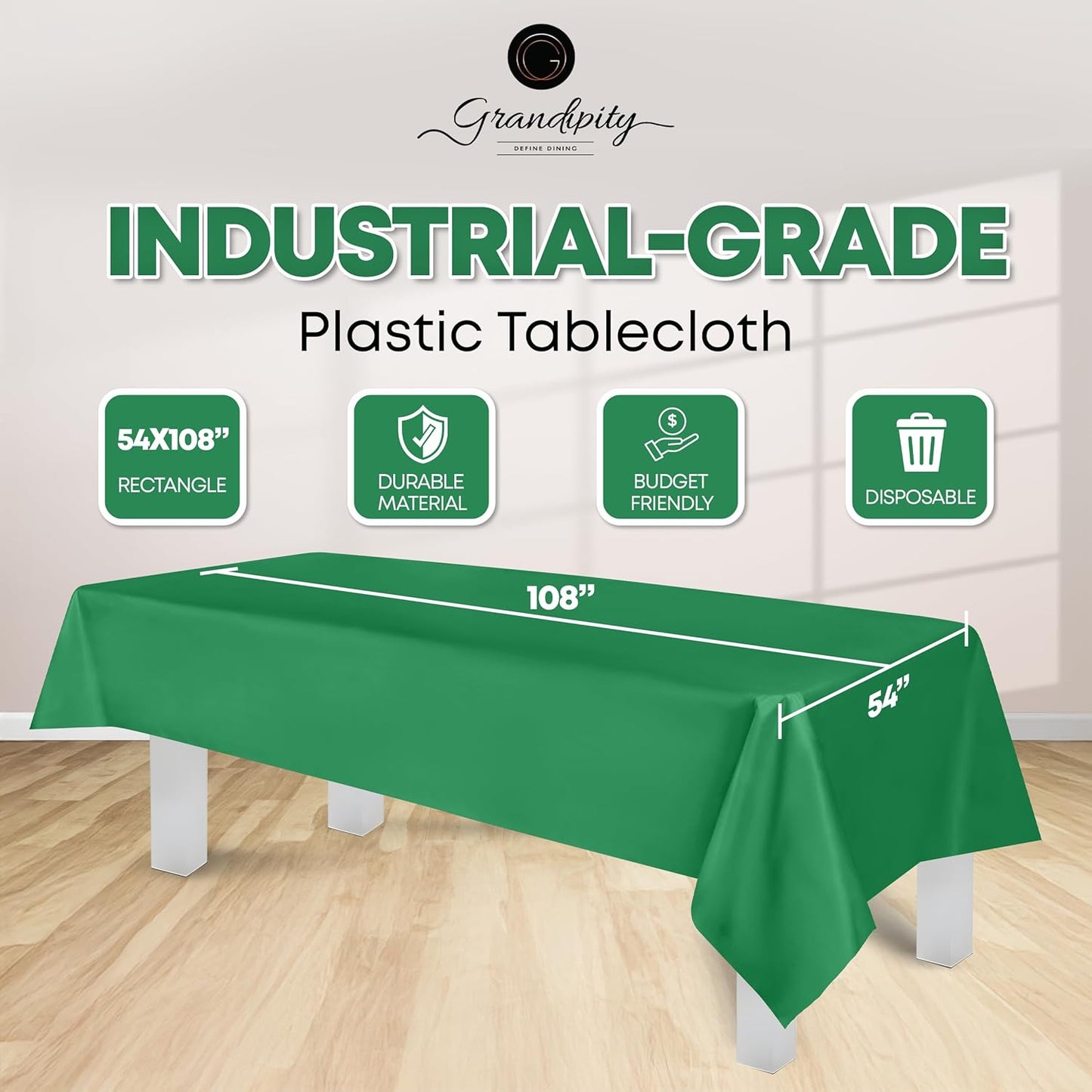 Grandipity 12 Pack Premium Disposable Plastic Tablecloth 54 Inch. x 108 Inch. Decorative Rectangle Table Cover - Green