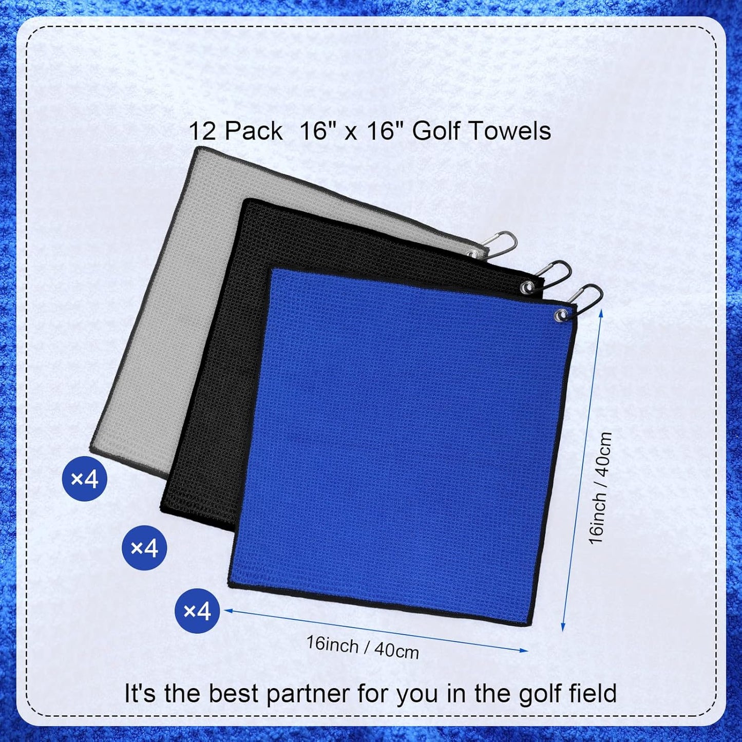 Batiyeer 12 Pcs Golf Towel Bulk for Golf Bags 16'' x 16'' Microfiber Fabric Towel with Clip Waffle Pattern, Fitness, Camping, Hiking, Yoga