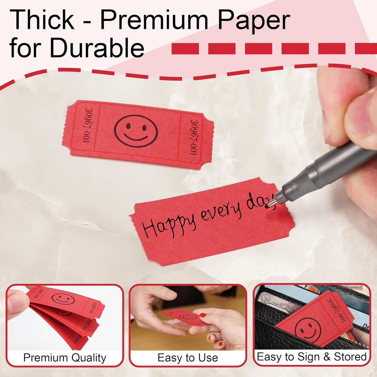 L LIKED 500 Raffle Tickets, Smile, Red (6 Color Selection), Single Roll, Ticket for Events, Entry, Class Reward, Raffle & Prizes