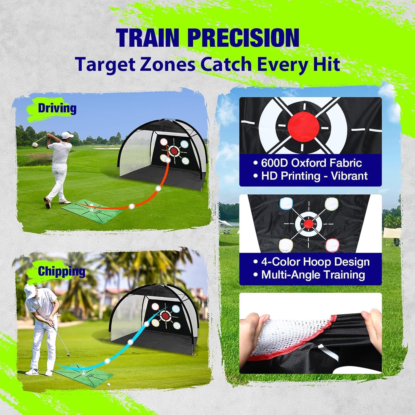 Golf Net, Pro-Grade 10x7 FT Practice Net Kit with 2-in-1 Replaceable Non-Slip Turf Mat, Golf Driving Nets for Backyard, Chipping Swing Training for Golfer Indoor/Outdoor