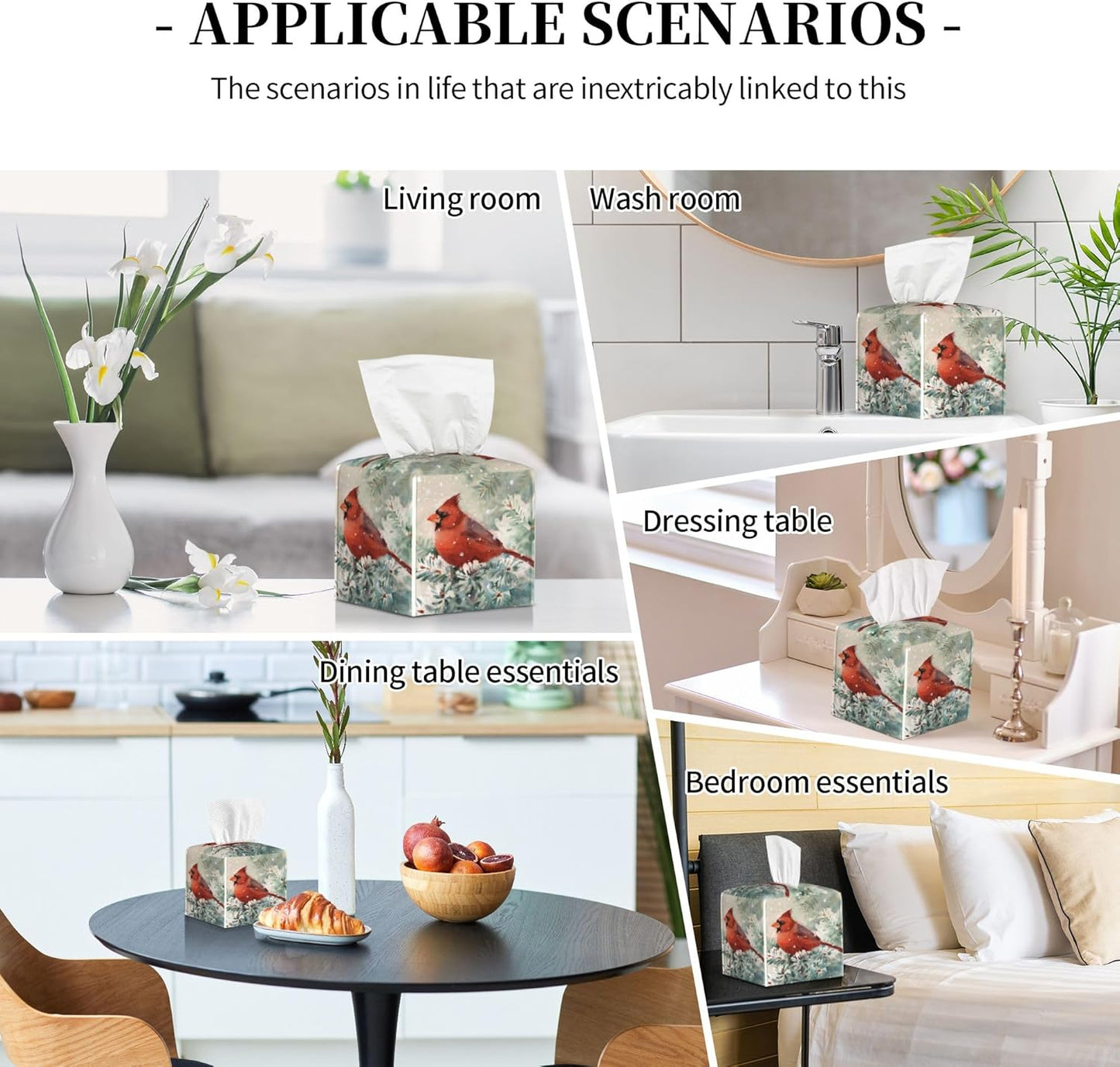 Tissue Box Cover, Winter Christmas Cardinal Bird Pu Leather Square Tissue Box Cover Case Organizer Cube Box Holder for Bathroom Vanity Countertop, Night Stands, Office Desk & Car 5.2X5.2X5.2''