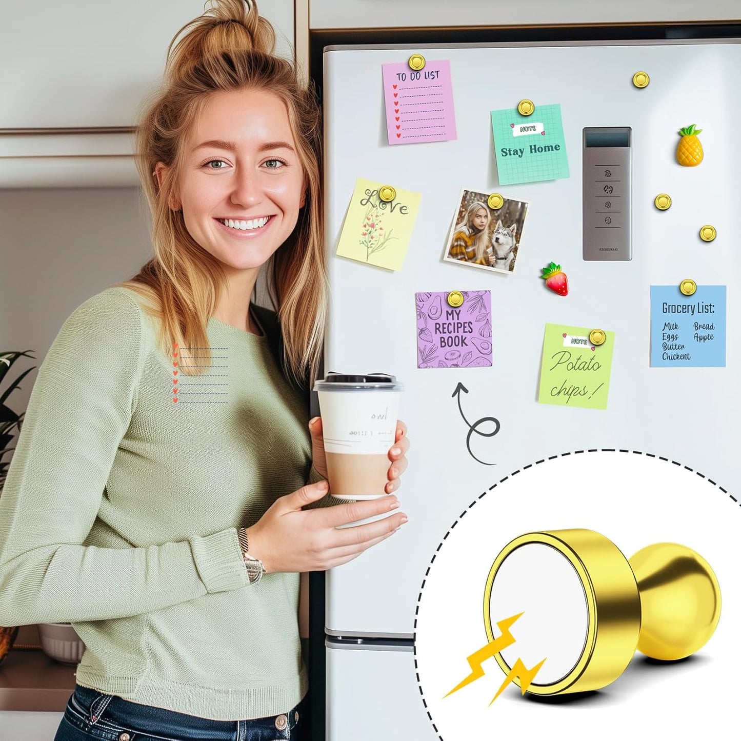 FINDMAG Refrigerator Magnets, Small Gold Neodymium Whiteboard Magnets, Heavy Duty Fridge Magnet Adults, Cute and Cool Magnetic Push Pins for Office, Kitchen, Locker, Bulletin Boards, Pack of 20