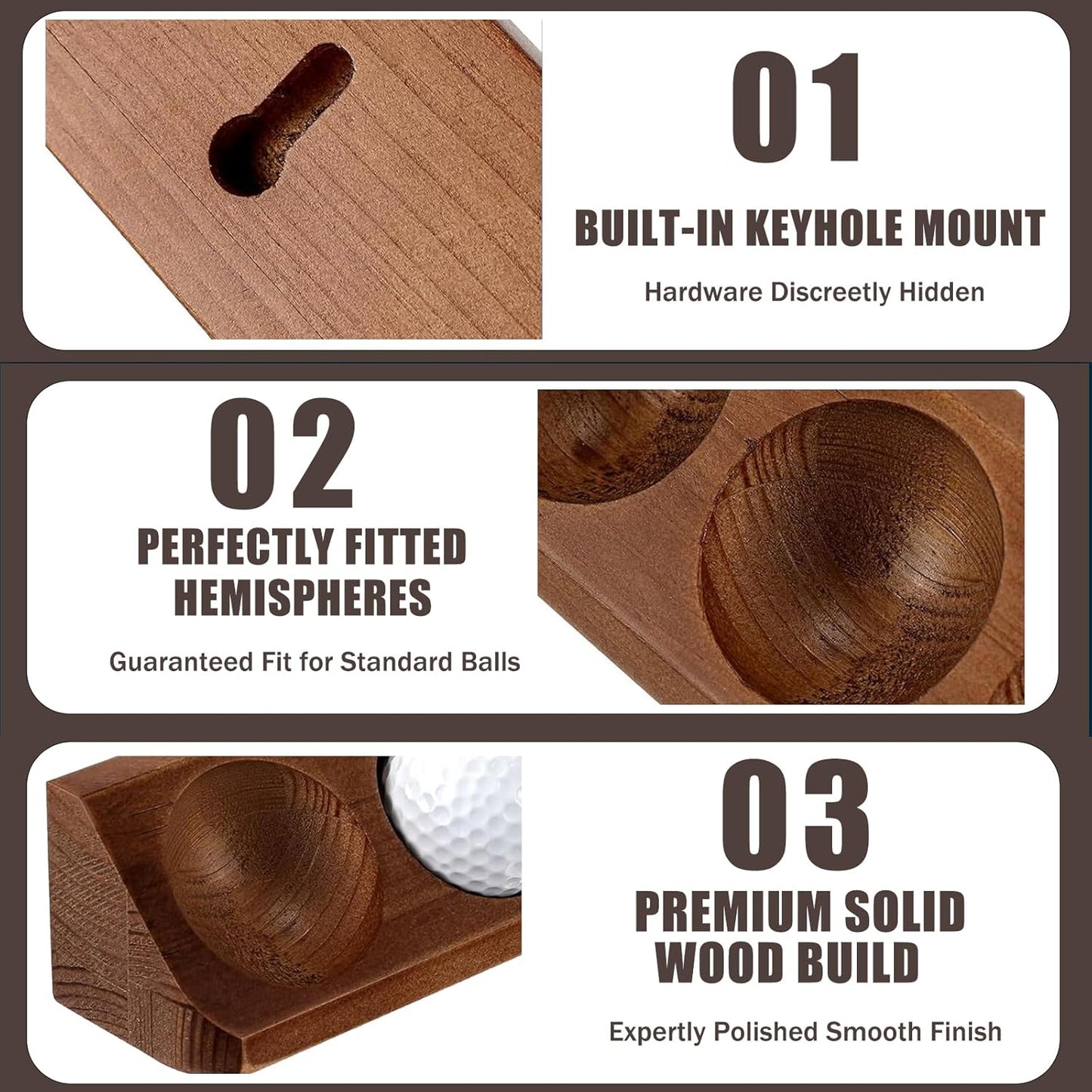 Wooden Golf Ball Display Case 1 Pack, Golf Ball Holder Display with Wall Mount & Tabletop Stand - Displays 6 Standard Size Golf Balls, Golf Accessories Gift for Men (Walnut Color)