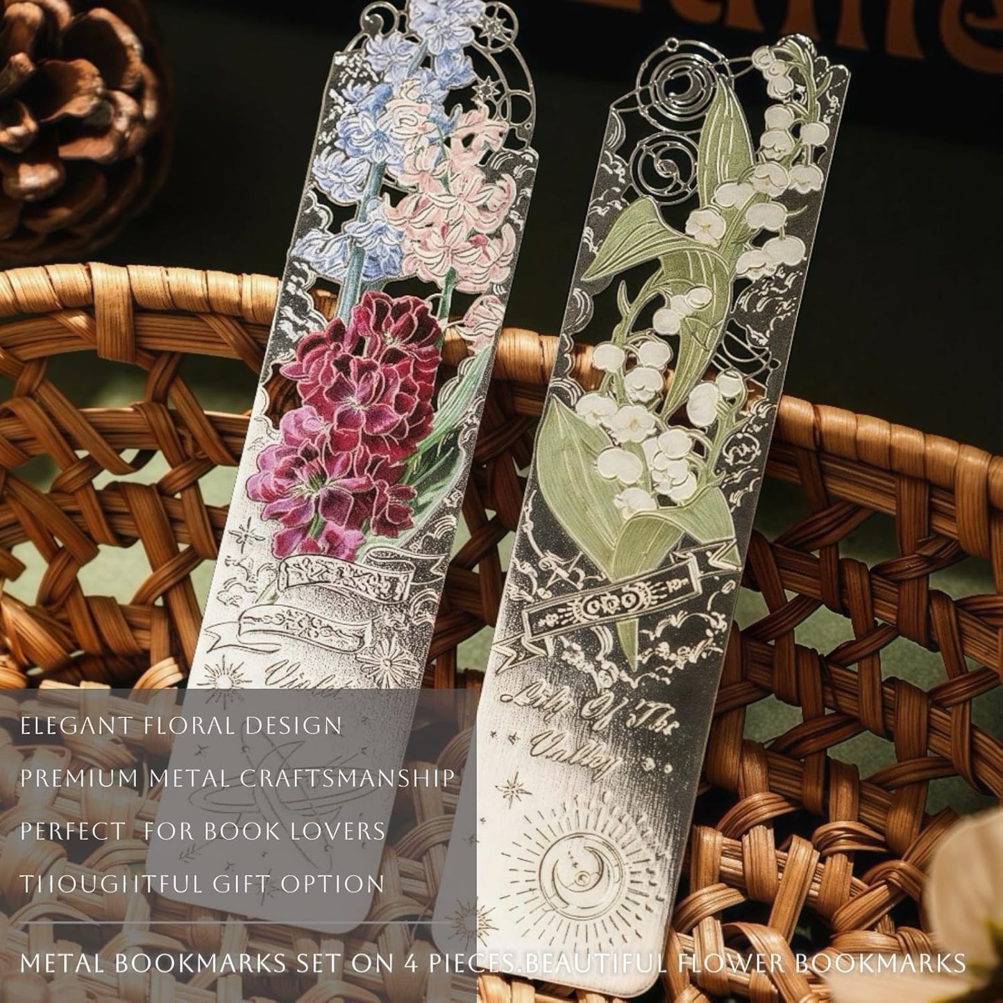 Metal Bookmarks Set on 4 Pieces. Pretty & Beautiful Flower Bookmarks for Women, Female, Mother - Tulip, Violet, Lily, Oriole, Gift Packing