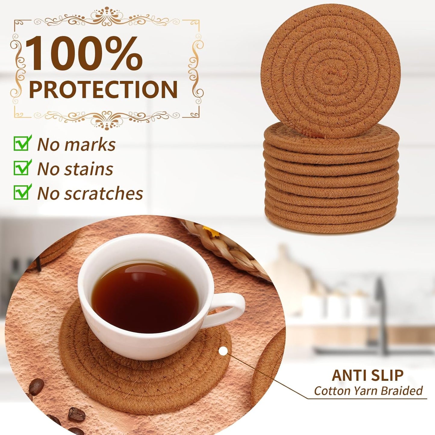 Mckanti 10 Pack Drink Coasters with Holder, Absorbent Coasters for Coffee Table, Minimalist Cotton Woven Coaster Set for Home Decor Tabletop Protection Suitable for Kinds of Cups, 4.3 Inches.