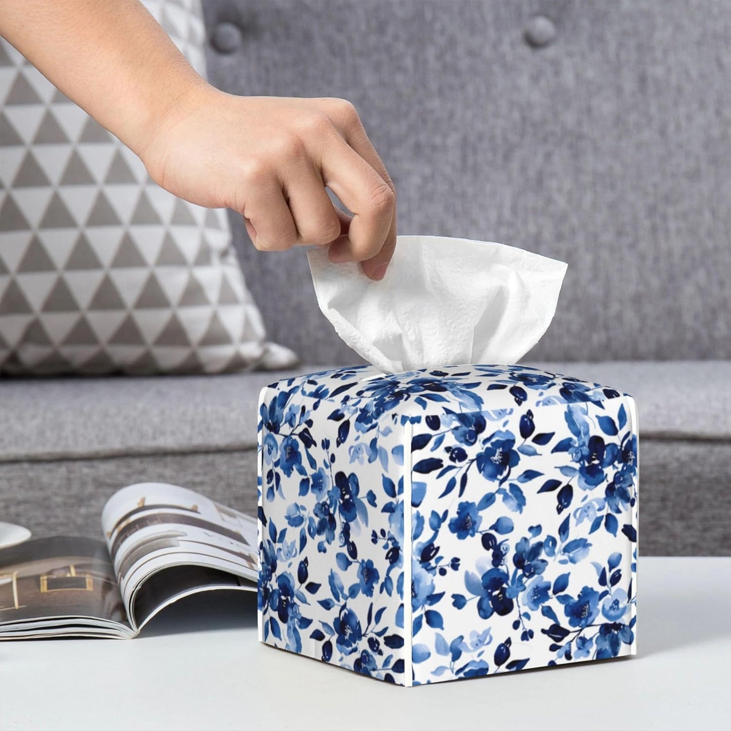 Tissue Box Cover Square, Sweet Blue Flower Watercolor Leather Tissue Box Holder Decorative Organizer for Bathroom, Home Office Car Decor