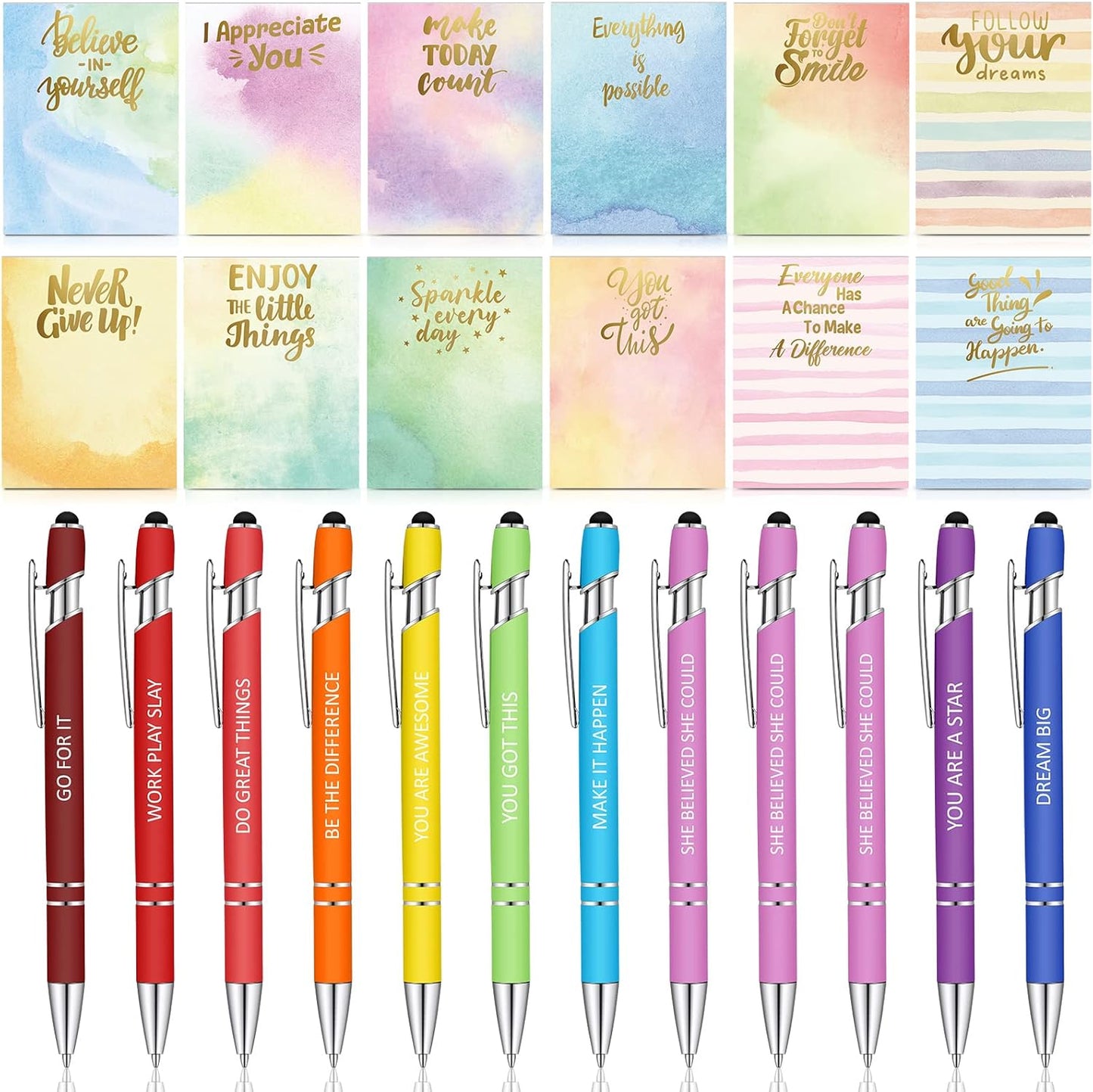 Geyee 24 Pcs Inspirational Sticky Notes with Funny Pens Fun Notepads for Adults Coworkers Nurse 3 x 4 Inch to Do List Notepads with Sayings Pen for Lab Week Gifts Teacher Office Supplies