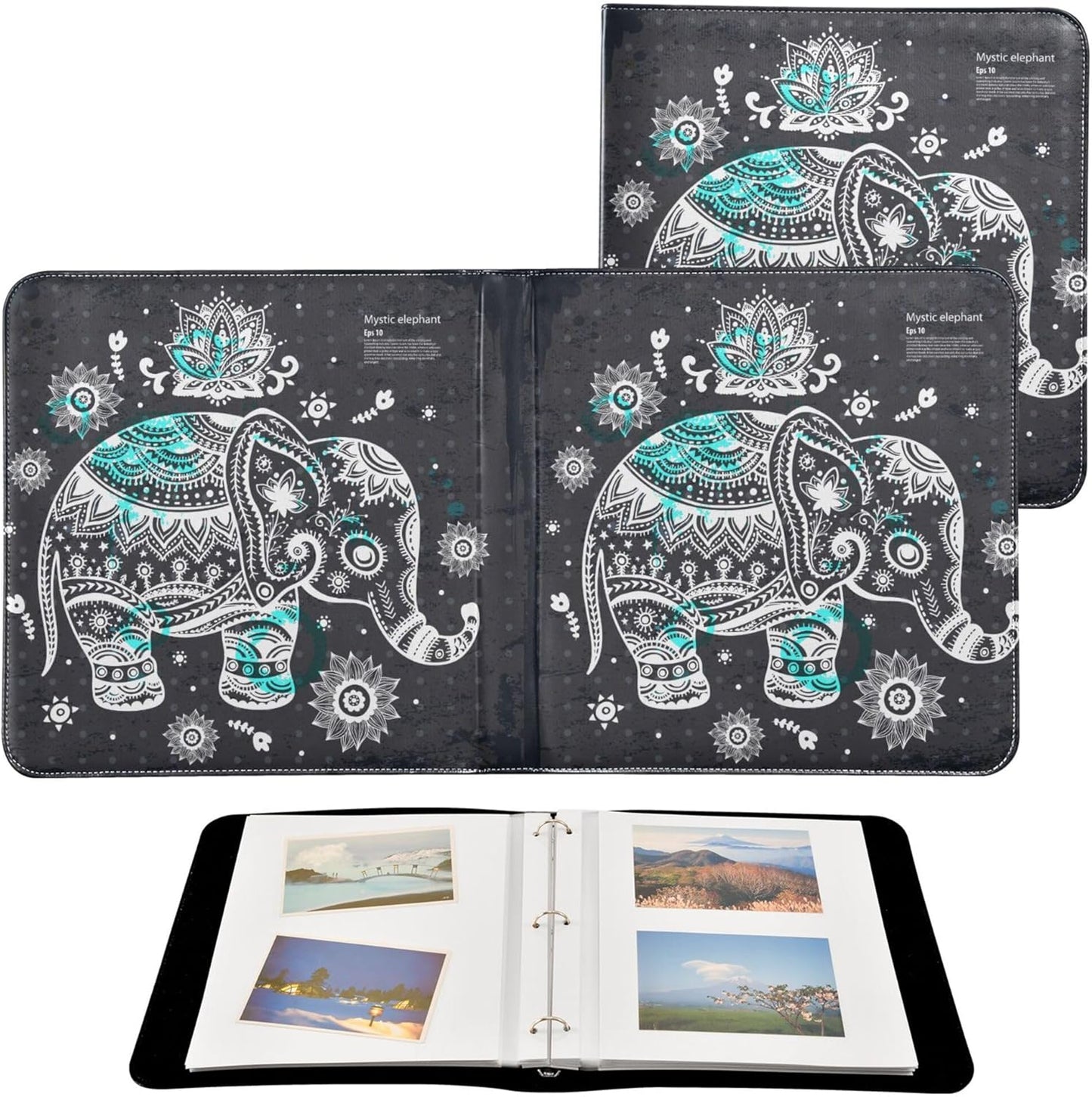 Fisyme Vintage Lotus Ethnic Elephant Photo Album Self Adhesive DIY Scrapbook Album for 2x3 4x6 5x7 6x8 Picture 20 Pages Memory Book for Family Wedding