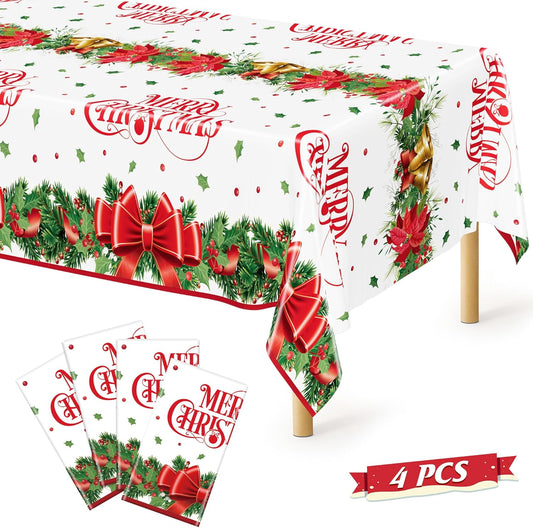 QZYL 4 Pack Christmas Table Cloths, 54" x 108" Xmas Decorations, Poinsettia Bow Design Christmas Plastic Tablecloth Holiday Disposable Tablecover, Holiday Party Decor Xmas Table Decor