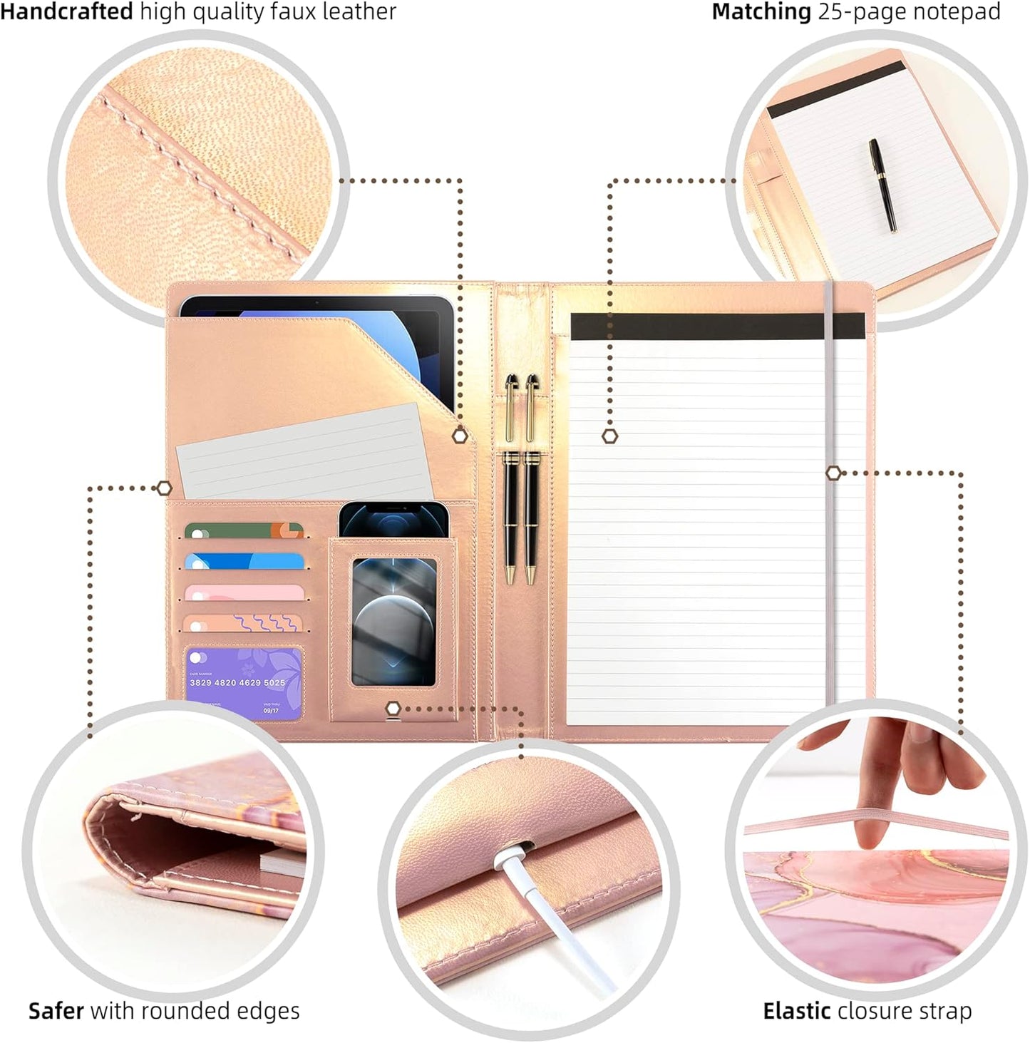 Leather Portfolio Binder Folder Storage Clipboard Pink Padfolio for School Side Straps Document Organizer