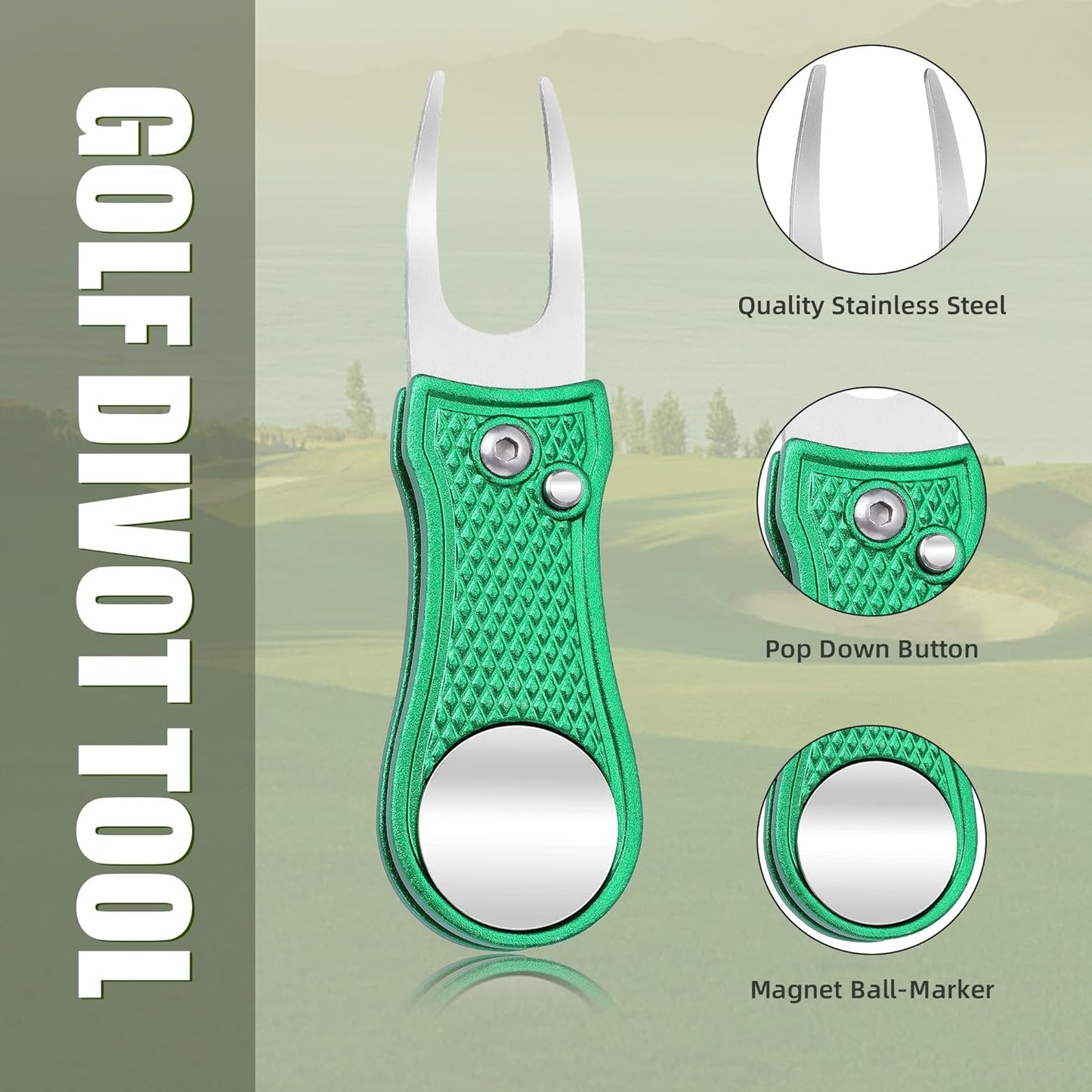 Mile High Life Golf Divot Repair Tool, All Metal Foldable Divot Tool with Pop-up Button & Magnetic Ball Marker