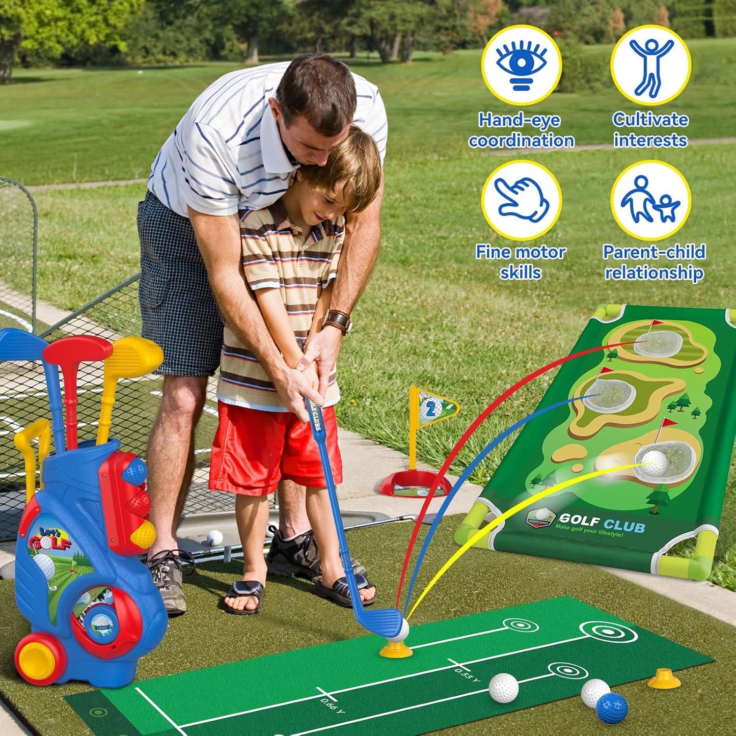 Liberry Toddler Golf Set for 2 3 4 5 Years Old Boys Girls, Upgraded Kids Golf Cart with Golf Cornhole Board & Putting Mat, Indoor and Outdoor Golf Toys Birthday Christmas Gift