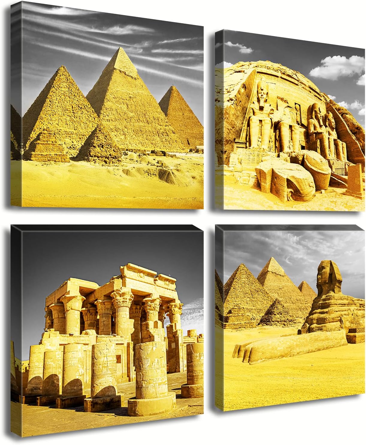 DJSYLIFE Bedroom Decor Gold Wall Art Egyptian Pyramids Canvas Print Picture Gray White Posters Modern Artwork for for Living Room Bathroom Office Home Decoration Framed Ready to Hang 12"X12"X4