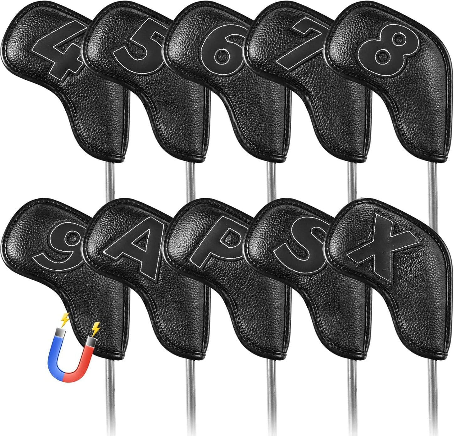 Golf Iron Covers Set Strong Magnetic Closure Value 10 Pack, Double Side Number Synthetic Leather Deluxe Club Headcover, Universal Head Cover Fit Main Irons Clubs for Women Men