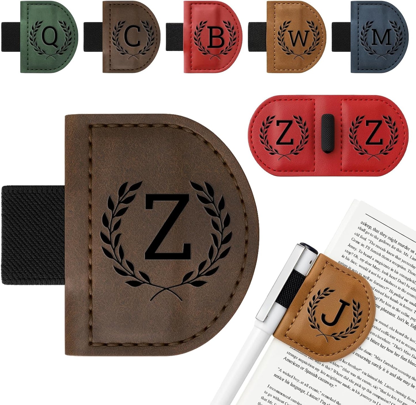 Personalized Bygone Mark Bookmark with Pen Holder,Engraving Leather Magnetic Bookmarks Vintage 26 Letters Name Initials Text Book Marker Clips Gifts for Reading Book Lovers Women (Coffee, Z)