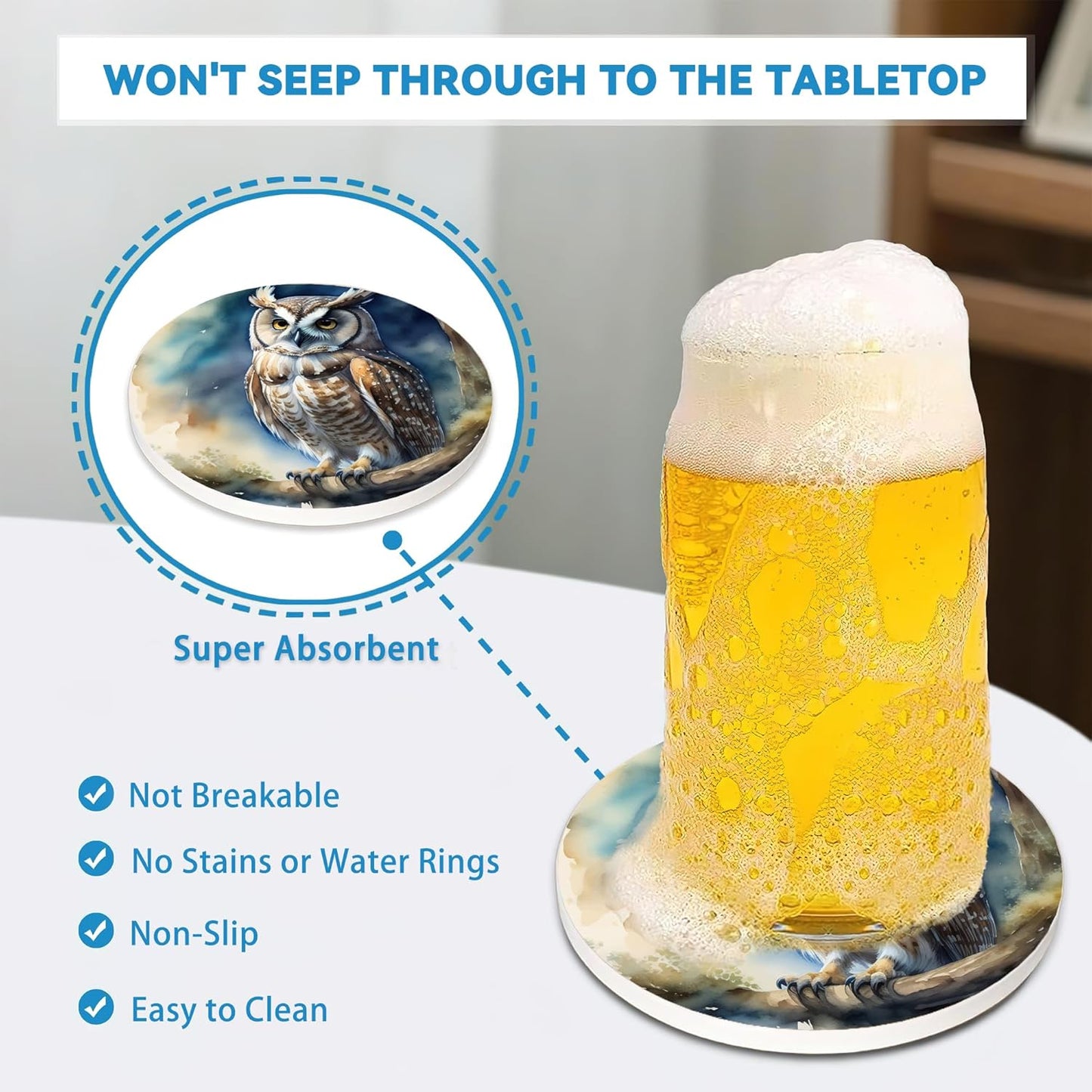 Drinks Coasters Set of 4, Owl Round 4" Cup Coasters, Absorbent Ceramic Stone Coasters with Cork Base, Cute Coasters for Table Home Décor, Ideal Gifts for Women Men
