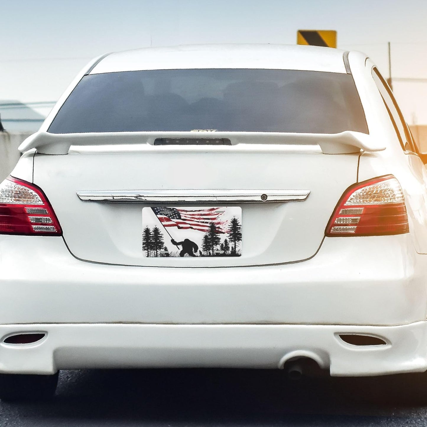 Front License Plate for Car Designs American Flag Bigfoot Stainless License Plate Cover Holder for Men Women Metal Aluminum Decorative Accessory Vanity Tag Standard 6 X 12 inch (4 Holes)