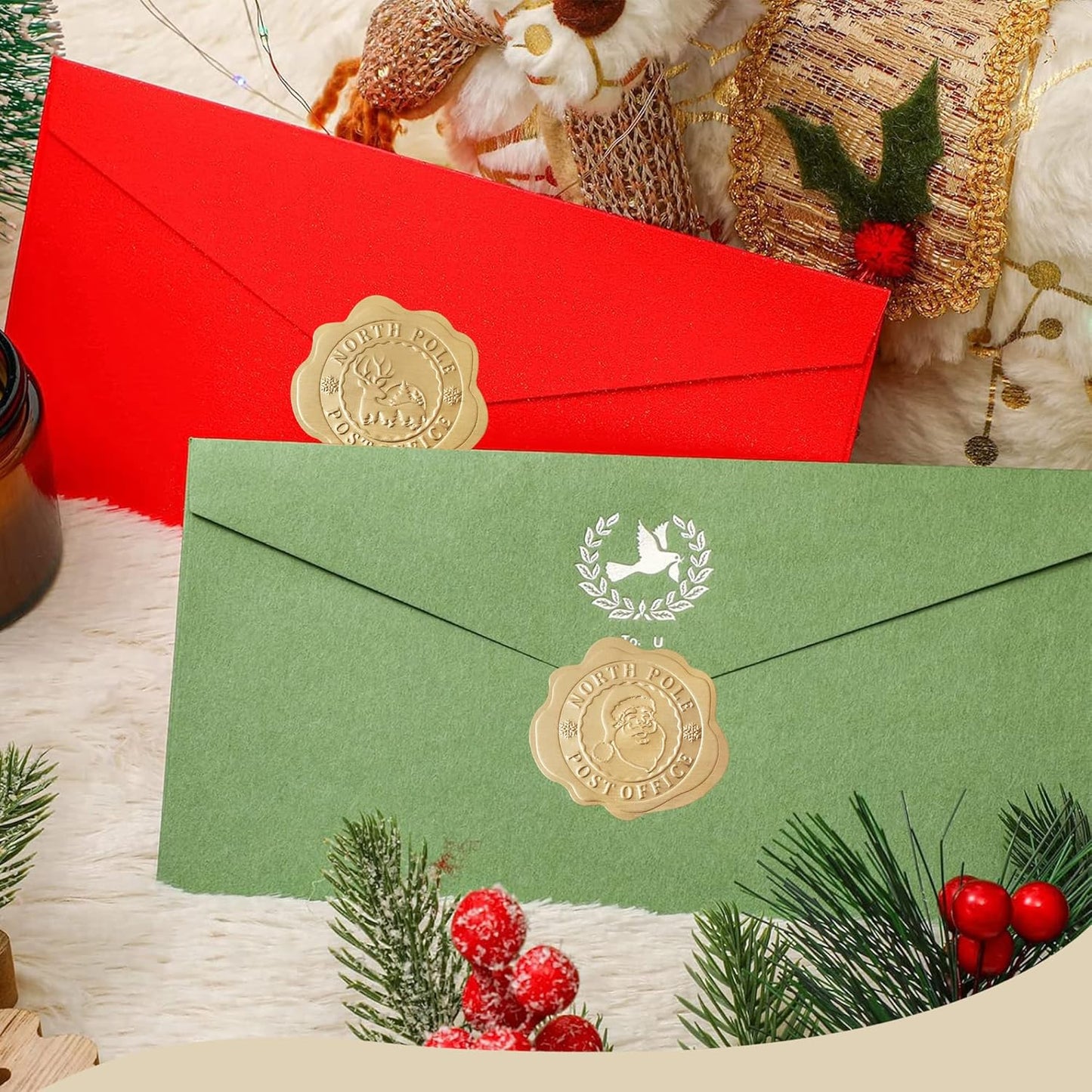 300pcs Gold Christmas Embossed Wax Seal Looking Envelope Seals for Gifts Packages/Party Favors, Self-Adhesive