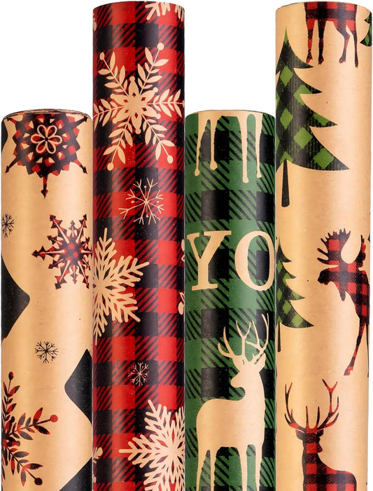 Christmas Wrapping Paper (4 Rolls: 148 sq. ft. ttl) - Red/Green and Black Plaid Grid Patterns, Stockings Snowflakes Pine Tree and Reindeer - Holiday Kraft Gift Paper 30 inches x 14.8 feet Per Roll