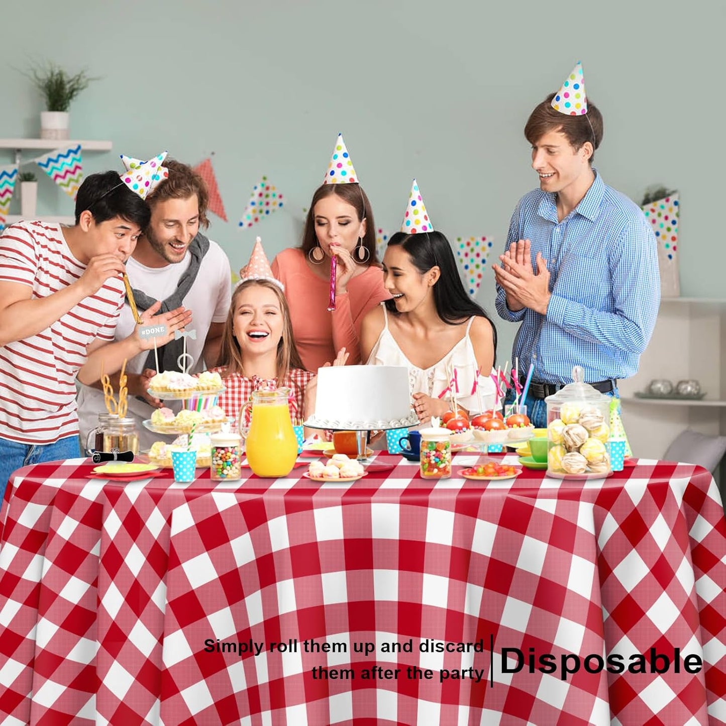 12 Pack Red and White Checkered Tablecloth, Round Red Gingham Plastic Table Cloths for Parties Disposable, 84x84 in Waterproof Camping Tablecloth for Birthday Party Baby Shower Picnic School