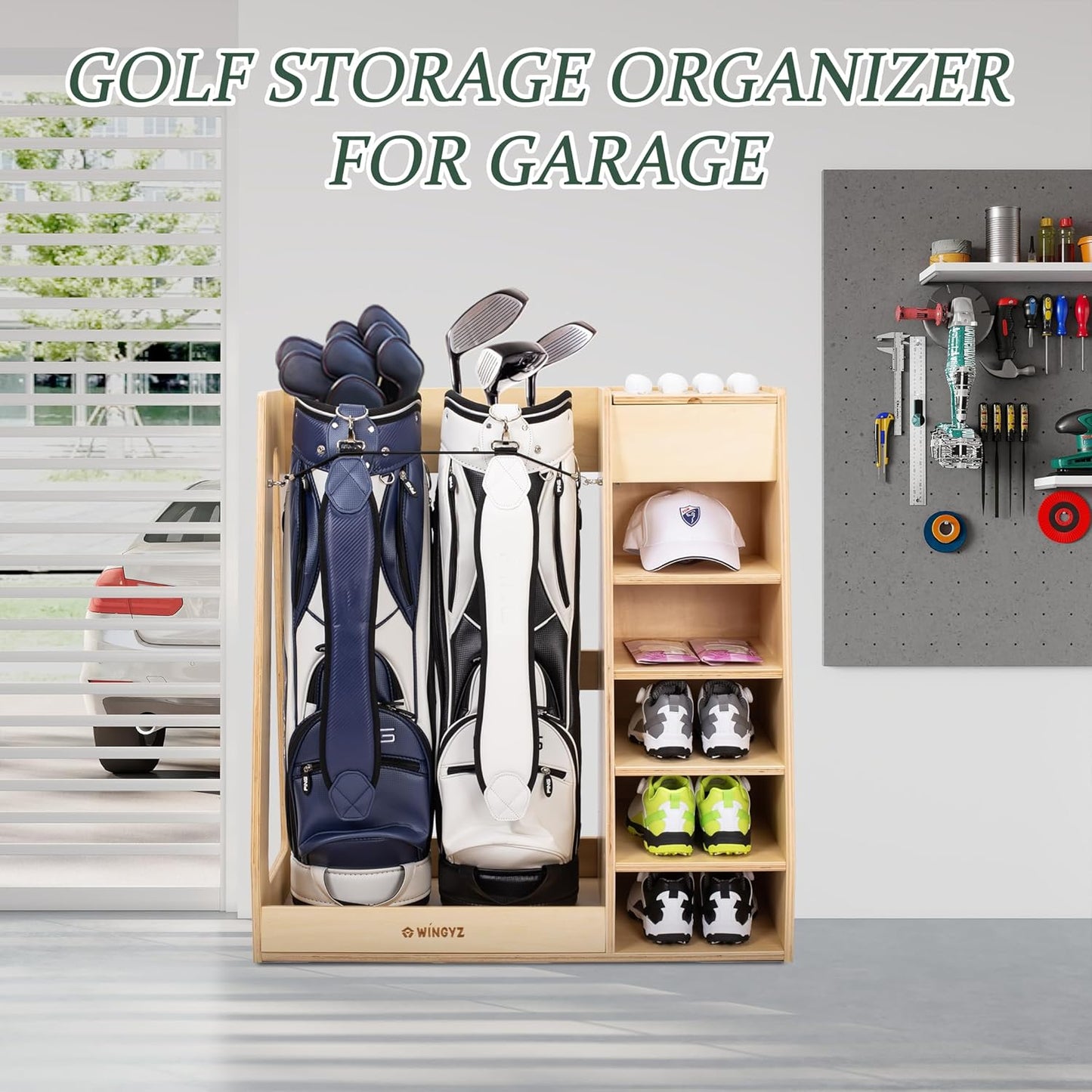 wingyz Wooden Golf Storage Organizer for Garage Fits 2 Bags for Any Level Golfer Great Gift, Golf Bag Rack Club Holder with 12-Ball Display Rack and 5 Shelves for Equipment Accessories
